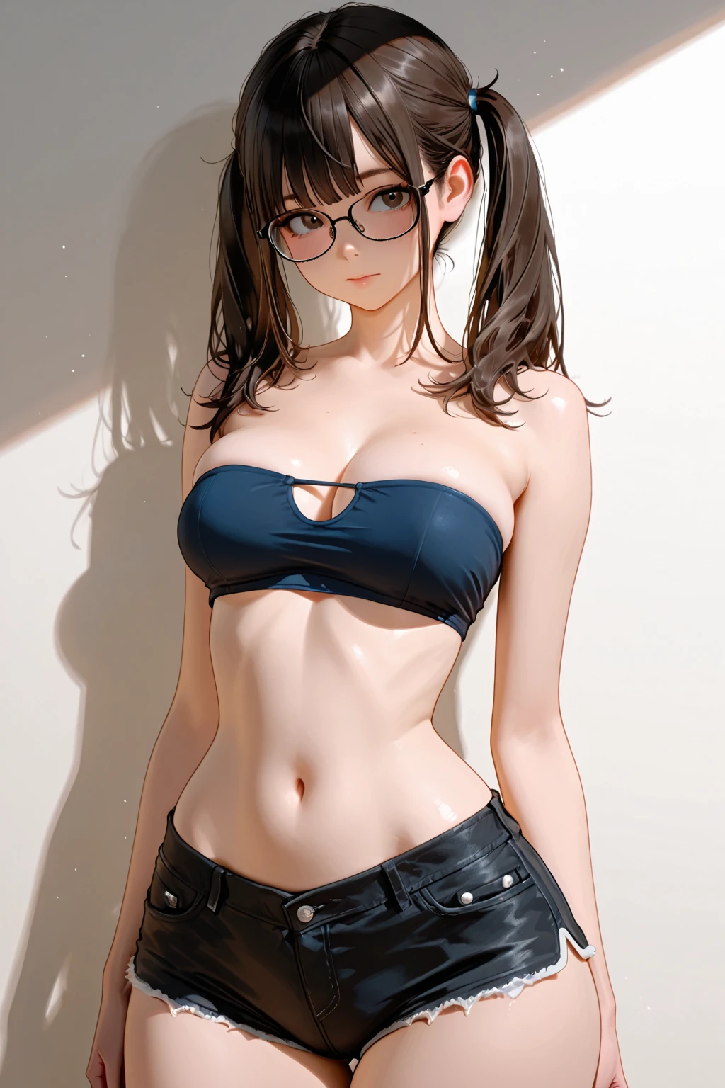 1 pretty girl (18 years) glasses, Upper part of the body, thin waist, little mom, pose sexy, naughty face, hits, random hairstyle, neckline, belly button, neck,  smile, Wear hot pink , Gray background