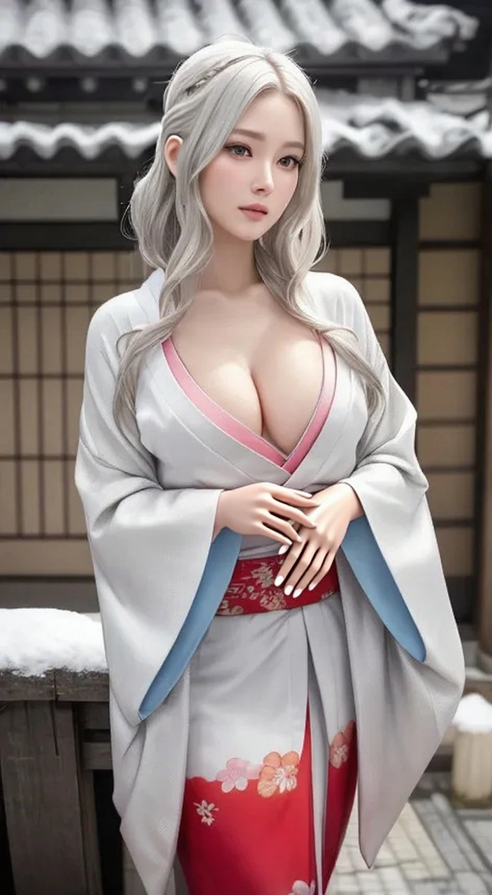 (masterpiece, best quality, cinematic, photorealistic, ultra-detailed), (wide shot, from the front), alluring girl, (voluptuous body, perfect ???????, ???? body), (glossy red skin, hot and ????), perfect hands, (massive accentuated super huge enormously gigantic ?????????????, bursting ???????), (long round legs), (detailed and shiny hair, vibrant platinum white hair, loose waves hairstyle), (wearing silk kimono featuring a pattern of cherry blossoms in various shades of pink and white, the fabric flows gracefully, the obi is intricately tied in an elaborate knot), (delicate silver hairpin with a cherry blossom motif holds a small section of her hair in place), (sensual ???? seductive pose)