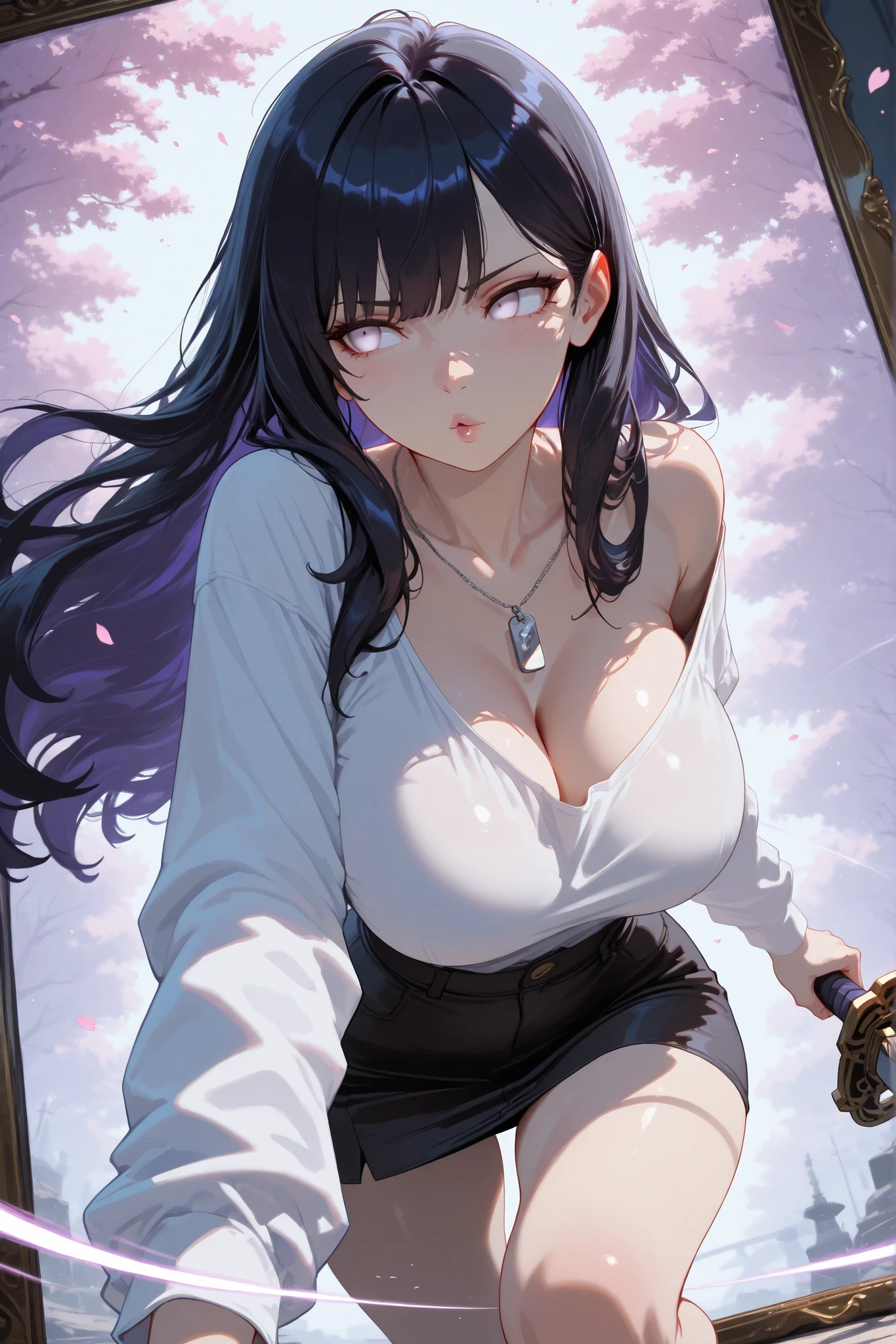 (((dynamic action pose,)))back to the viewer and looking away, Low angle forced perspective (1.4), Beautiful girl with long flowing black hair, with bangs, large breasts with prominent cleavage, Slender and graceful body, pale lavender eyes without pupils"hinata hyuga",(1.3), Black with faint neon reflections (1.4), arc light trails (1.3), short skirt blowing in the wind, oversized shirt, Sparkling Magical Particles (1.3), Swirling Cherry Blossoms, Wave pattern (1.4), cinematic lighting (1.4), hair edge light, high contrast, Very bright, smooth skin texture, smooth metal accents, ネオンとブラックライトの入った黒い Background, thin clouds under the moonlit sky, for the viewer. Artistic composition, Third Law + Oblique flow; Subject in the foreground on the left, Sword trail on the top right; ultra high definition, ultra high definition, masterpiece. Lighting: Warm Key + cool blue/purple back edges; soft flowers around the magic; Dynamic Action Pose; Smooth hair scene. Background: Black with faint neon reflections; Mirror Reflection Controlled by Metal (Very Thin). Style tags: cinematic, natural glowing skin, Sharp edges, Minimal noise, Fine film grain