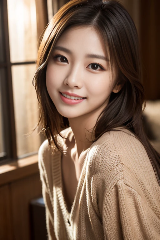 A very cute face like a 15-year-old idol　Smiling Kindly　In a blouse　(whole body)　Cleavage　Medium Bust　Stylish wine bar　Cinema lighting　Natural light　Artistic　RAW Photos　Genuine　High quality that is indistinguishable from real life　Real Stick　High resolution