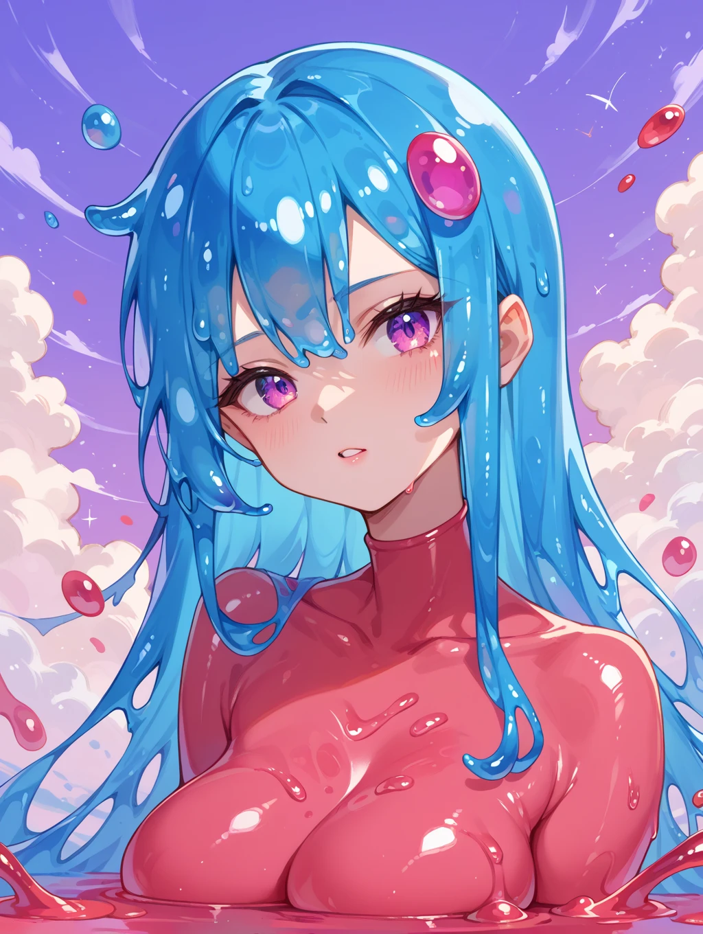 (Highres), ((masterpiece)) (((((Solo)))) (Hot Pink Slime girl), ((((very long blue hair)))), (beautiful gold eyes), ((character is covered in pink liquid)), ((full of hot pink liquid)), Anime style 4K, Anime Wallpaper, (chubby), curvy hips, (detailed eyes), very long hair, house porch, beach view, (wide hips),  suggestive, , (in a backyard), (slime horns), (C cups), character is covered in slime, various poses, smiling, (cat ears), (cat tail), (core), blushing, (), (horizon:1.4), (various poses), (beautiful sky), (beautiful eyes), (((sunny day))), (beautiful clouds), (on back), (wallpaper), (mature face), (on hands and knees),  (sakura trees), (pink body), ((blue hair)), multicolored slime girl