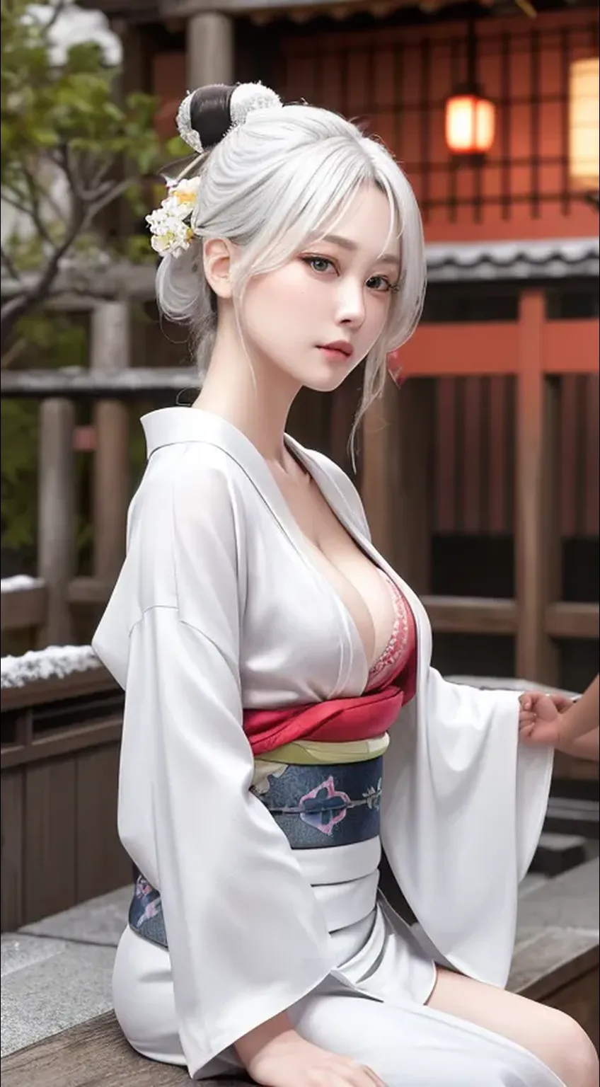 traditional Japanese kimono、Chrysanthemum、with floral pattern,Personification of the white snake,long white hair,Holding a dagger,closing eye,sneering,(RAW shooting)、(hyper realstic、Top image quality)、8k、(realisitic、photoRealstic:1.3)、​masterpiece、超A high resolution、Stunning big、((Beautiful 35 year old Japan:1.3)Crystal clear white skin,Close your eyes tightly,A sexy,Natural soft light、(film grains、FujifilmXT3、8k uhd、Digital SLR、lens)、Hollywood lips、Wide jawline、wide lips、narrow beautiful nose、movie、(Up to 8K resolution for photos、complexly detailed、Convoluted、elegent、Expansiveness、Fantastical)、ultra-detailliert、Insane details、Beautifully color graded、unrealengine、The degree of freedom、Hyper-Resolution、Megapixel、cinematic lightening、Anti-aliasing、FKAA、TXAA、RTX、SSAO、Post-processing、Post Production、tonemapping、CGI、VFX、SFX、Insanely detailed and interesting、Hyper maximalist、hyper realstic、Volumetric、ultra photoreal、ultra -detail、intricate detailes、ultra -detail、fulcolor、Volume Lightning、HDR、reallistic、unrealengine、16K、Foconitide、octan render