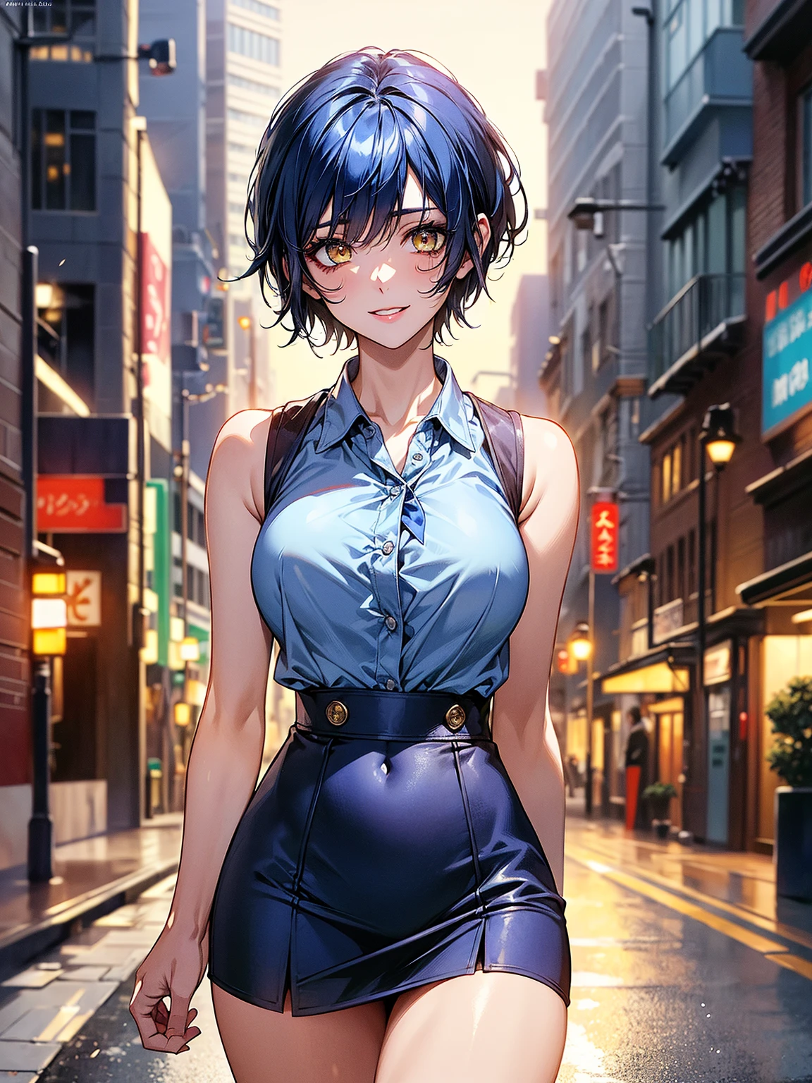 1girl, short dark blue hair, large breasts, blue eyes, laughing, sitting, wearing beige coat, white turtleneck, red scarf, jeans, snow, absurdres, high res, ultrasharp, 8K, masterpiece, looking at viewer