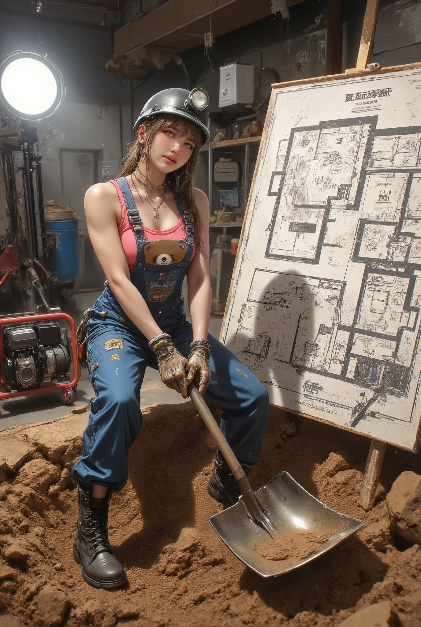 (anime style:1.2), (manga art), (detailed character art), (dynamic pose), a strong (20s-30s athletic woman:1.3) with (long hair tied in a flowing ponytail:1.1). She is wearing a (pink tank top with a cute bear print:1.3), (blue coveralls tied at the waist), (safety helmet with headlamp:1.2), (work gloves), (steel-toe boots), a determined and (focused expression:1.2). She is actively digging a deep hole with a (large shovel:1.3) in a (recently abandoned auto repair shop:1.4). (Clean break from operation, but covered in dust). A (large board displaying an architectural blueprint/overhead floor plan:1.4) for a structure is prominently leaning nearby. In the background, a (slightly dented oil drum:1.1) is present. The scene is highlighted by (one bright floodlight:1.3) next to a (portable generator:1.2), creating strong, directional lighting. (A mound of freshly dug earth). Intense, action-oriented, and atmospheric scene, with a mysterious blueprint element.Enhanced_Lighting_and_Textures
