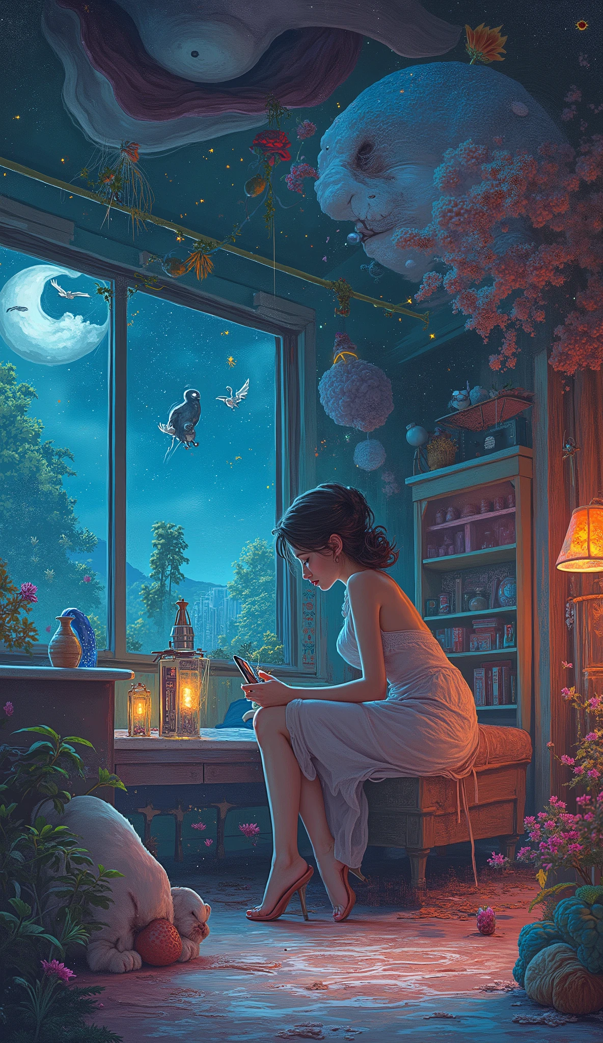 digital painting of A Beautiful women Arcade Story at mid night, in her cozy House outside