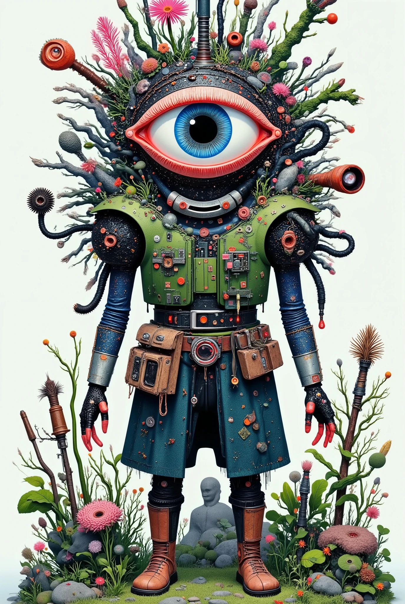 hanhanism_bb,HIRO,Frontal view, a 3D-rendered scavenger character with a giant eyeball head, T-posing on a pure white background. The eyeball features a cracked iris with glowing circuitry patterns (neon orange veins pulsing through obsidian-black sclera), surrounded by rusted metal eyelids with rivet details. The body is a wiry robotic frame draped in patched burlap robes, arms outstretched horizontally clutching broken chair legs and copper pipes. A towering junk pile strapped to its back: stacked wooden stools, a dented tabletop with missing legs, tangled gears, and corroded metal scraps bound by glowing energy chains. PBR materials contrast matte oxidized copper, splintered wood grain, and holographic grime stains. Subsurface scattering on the eyeball's gelatinous vitreous humor, dynamic cloth simulation on frayed robes. Pixar-style dramatic backlighting casting long industrial shadows, rendered in Blender with 8K hyper-detailed textures. Color palette: dystopian teal rust accents on monochrome metals, bioluminescent amber cracks across the eyeball.hold knight