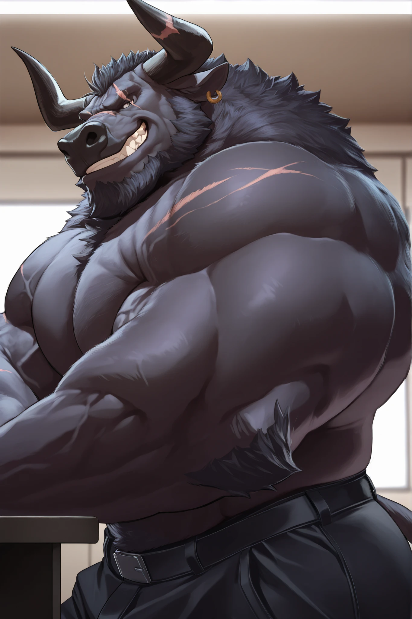solo, masterpiece:1.3, muscular man, furry black bull, black pants, , office, film looks, firm, serious, strong, pose, grin, looking to viewer, cute pose, scar on face, highly detailed, 8k, semi realistic, Anatomically Correct, Best Quality, Textured Skin, Ray Tracing, detailed face, detailed eyes