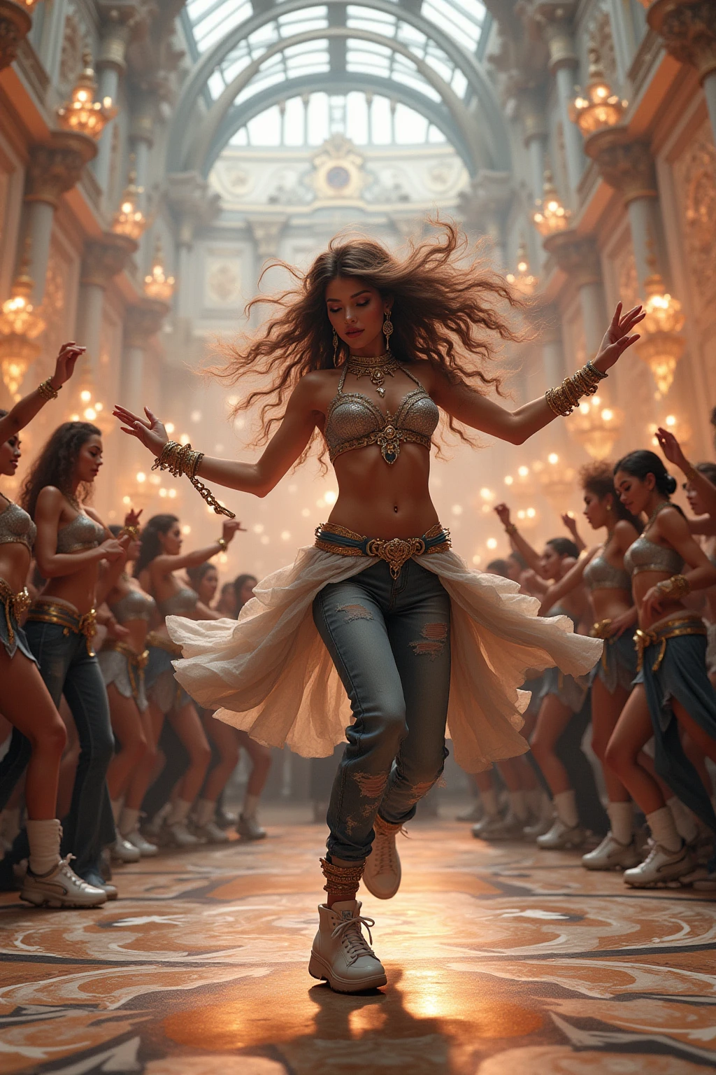 Like dancing the du Lecourt、Surrounded by many customs, jump high in、extreme poses, on stage,   Spinning in the Air  、women dancing hip-hop dancing in streetwear、close-up、wide angle shot、 displayed horizontally、