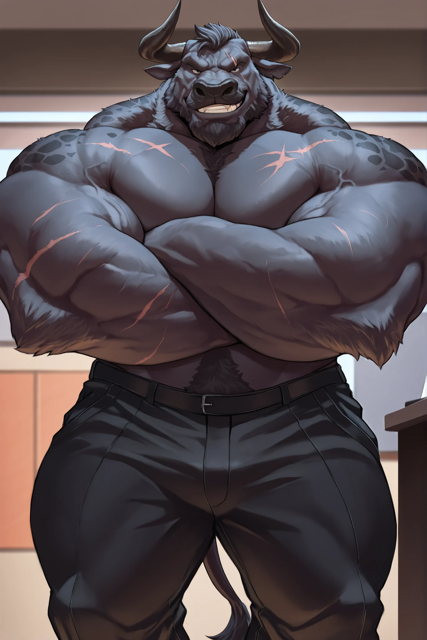 solo, masterpiece:1.3, muscular man, furry black bull, black pants, , office, film looks, firm, serious, strong, pose, grin, looking to viewer, cute pose, scar on face, highly detailed, 8k, semi realistic, Anatomically Correct, Best Quality, Textured Skin, Ray Tracing, detailed face, detailed eyes