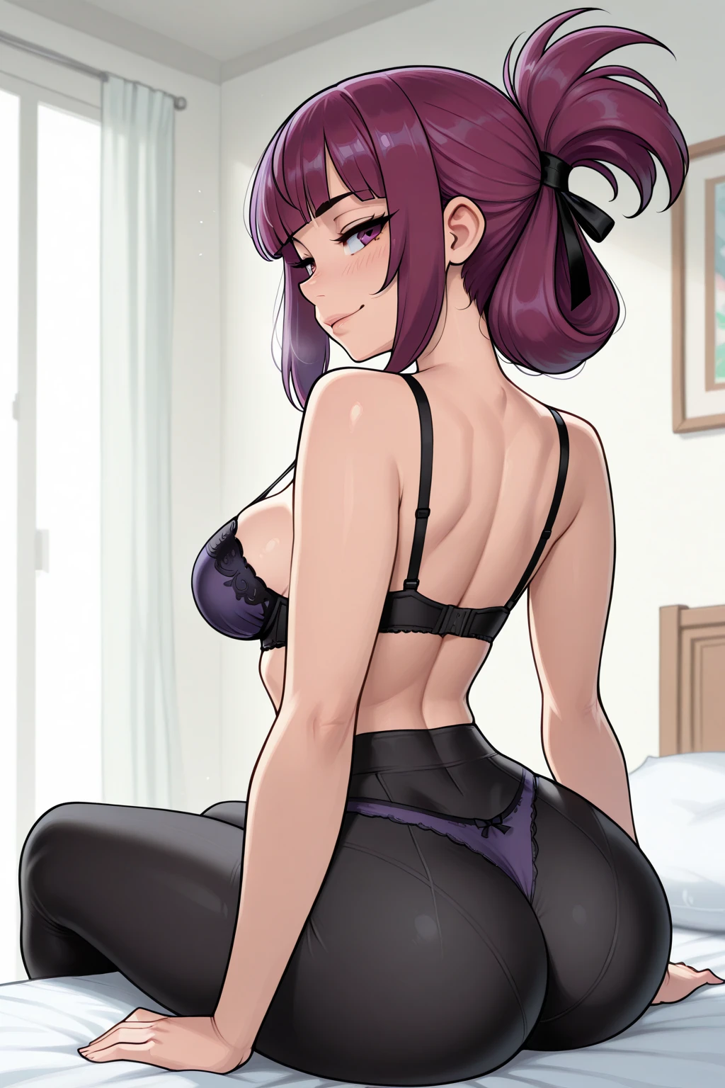 1girl, raiden shogun, genshin impact //// masterpiece, best quality, very aesthetic, absurdres, newest, ///// by nyantcha, cutesexyrobutts,by khyle, ///// perfect , perfect body, ///// purple eyes, purple hair, , rating:, big tits, bedroom, ass, , , stockigns, hair ornament,sit
