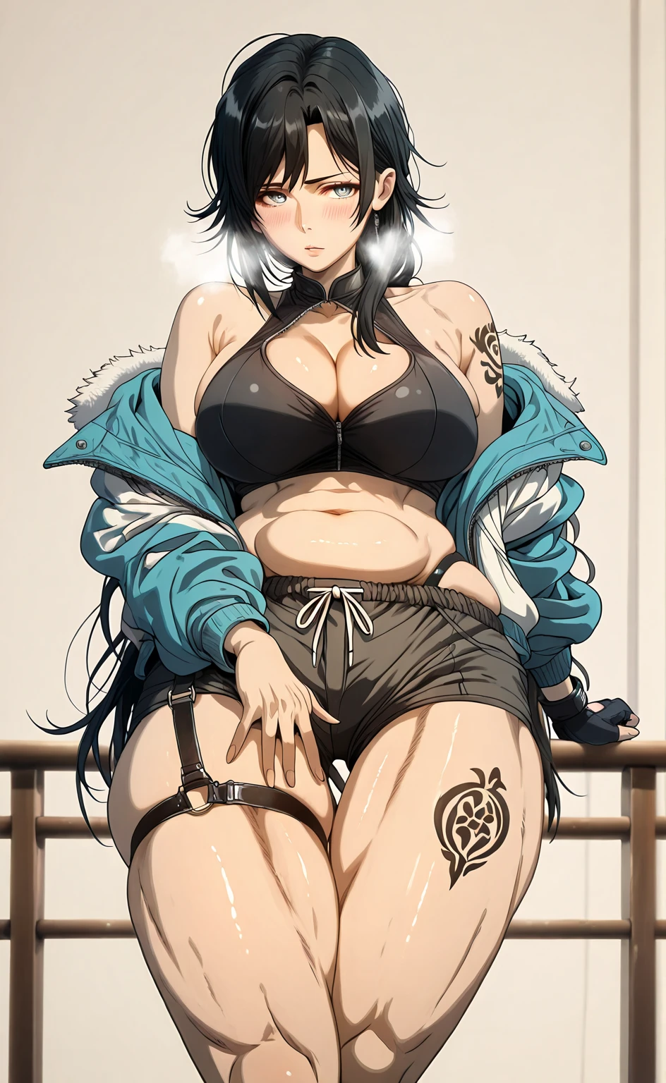 L_Cation2, babu-style, Hgk, (jeneral-style:1.2), (suou-sensei-style:1.2), (gin_moku-style:1.3), (toi8-style:1.4), ((anime coloring, anime screencap)), shiny skin, Hand drawn, cinematic, Sharp focus, humorous illustration, big depth of field, Masterpiece, ((derivative)), concept art, trending on artstation, Vivid colors, Simplified style, trending on ArtStation, trending on CGSociety, Intricate, Vibrant colors, Soft Shading, Simplistic Features, Sharp Angles, Playful, (voluptuous body:1.4), (mature female:1.4), (cellulite:1.3), ((anatomical correct)), perfect body, perfect eyes, perfect fingers, gasping, heavy breathing, gasping profusely, ((skindentation)), ((curvy, thigh gap)), hiratsuka shizuka, long hair, black hair, grey eyes, bright pupils, plump, (muscular female:0.8), 1girl, breasts, solo, thighs, gloves, thick_thighs, navel, jacket, looking_at_viewer, thigh_strap, blush, tattoo, single_glove, shorts, cleavage, midriff, bare_shoulders, black_gloves, railing