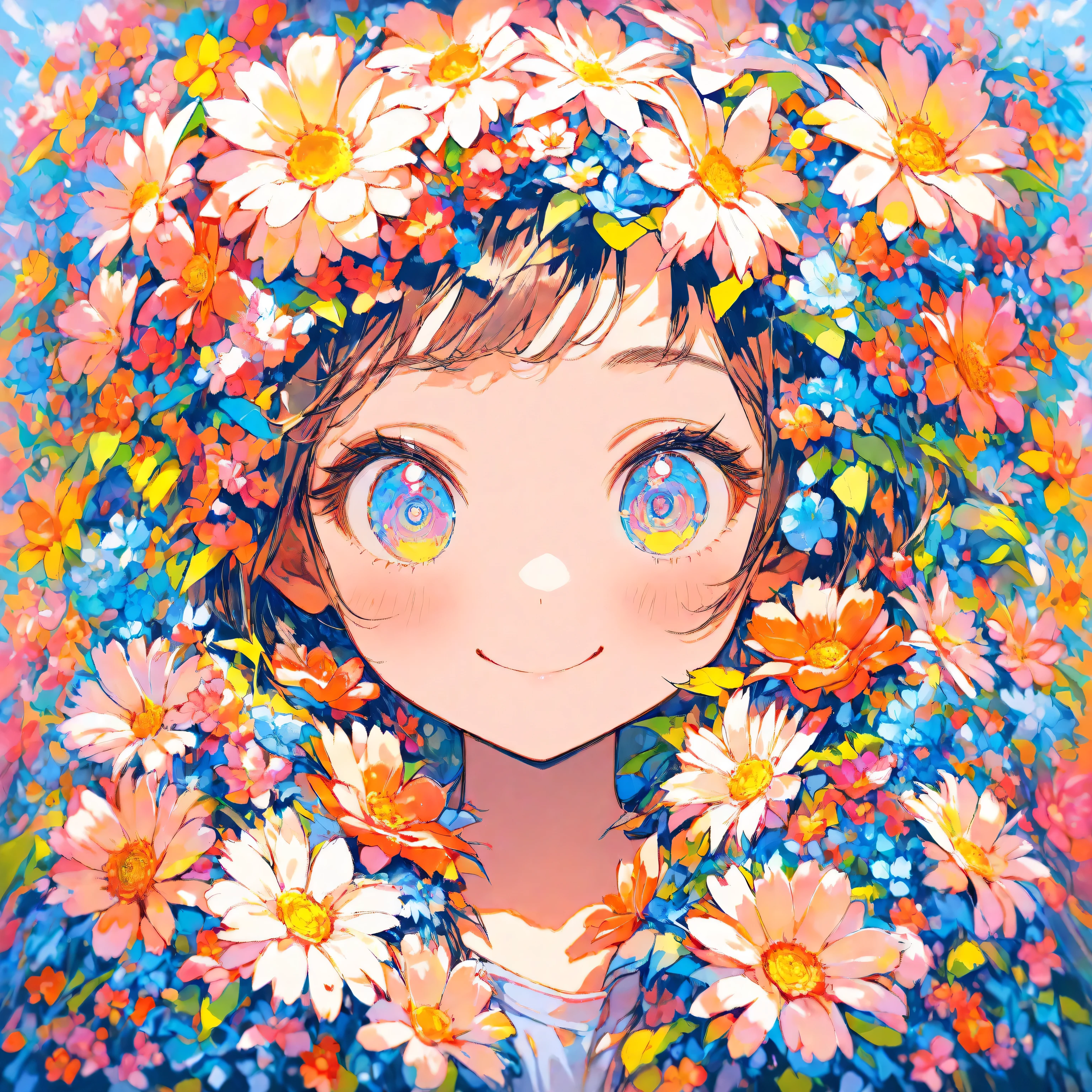 masterpiece,Highest Quality,super detailed,1 girl,Smiling,colorful,cute,Rice ball、upper body,is watching me,Flower,