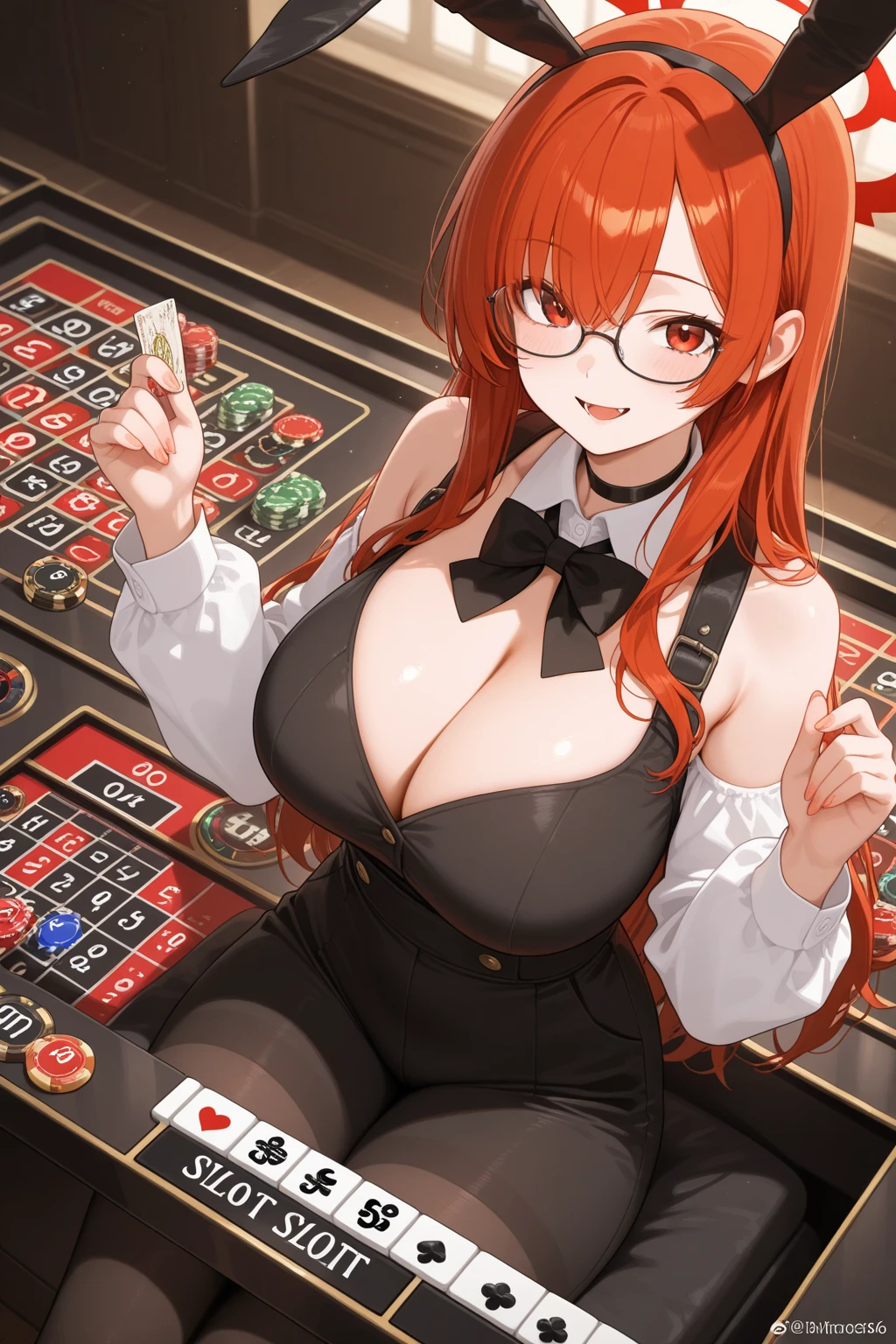  Anime Illustration、Highest image quality、dark skinned voluptuous  companion、Maki Nishikino、perfect proportions、Catch light in the eyes、casino、red  suit、Overwhelmingly  beyond the norm、thick legs、cowboy shot、Cheerful smile、Estrus、Graffiti on the body