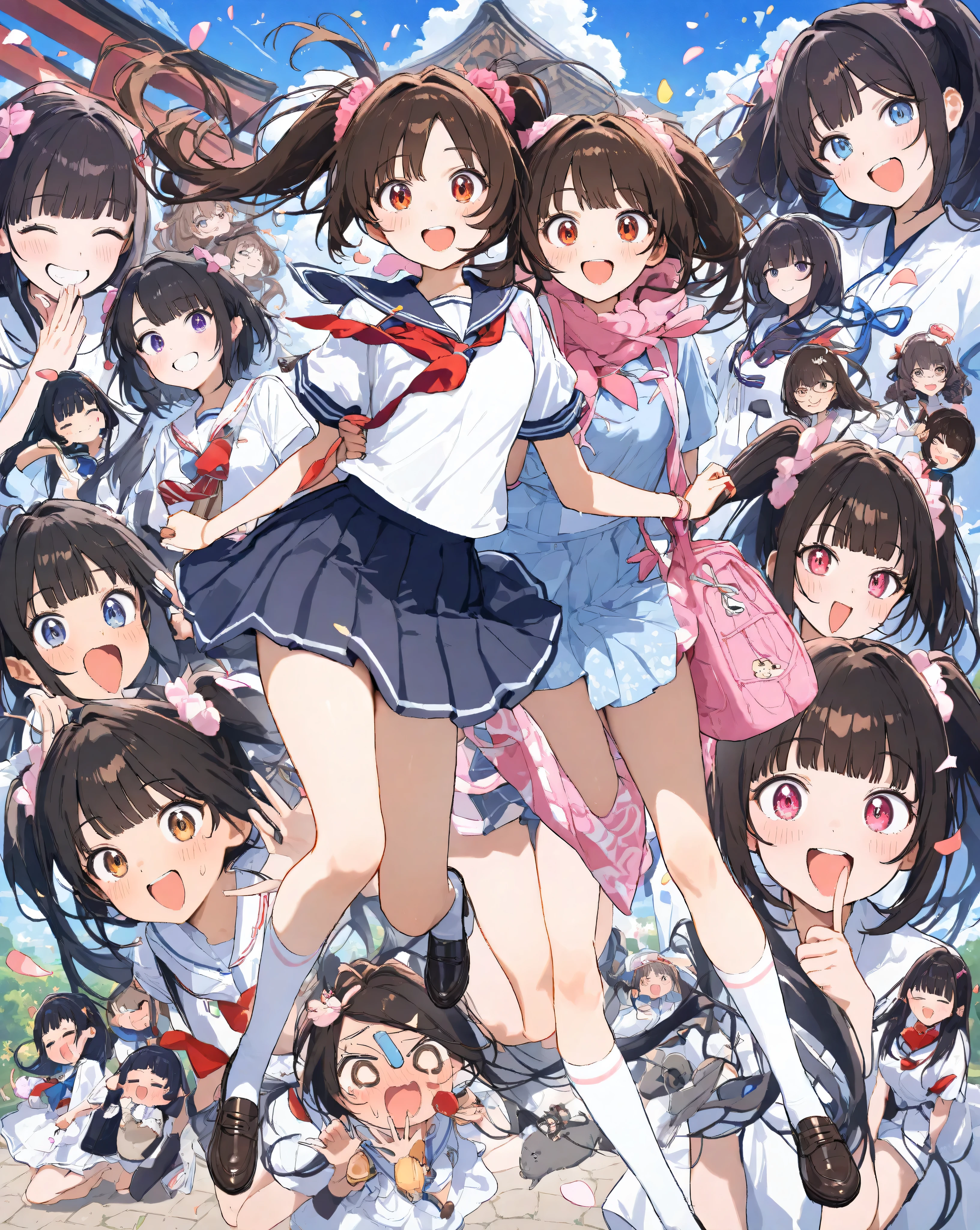 Bustling spring morning in a quaint Japanese suburban neighborhood, 16-year-old bubbly high school girl radiating infectious energy and youthful exuberance, her heart-shaped face glowing with a wide-open grin revealing perfect white teeth and subtle dimples, large sparkling doe eyes crinkled in delight under long fluttery lashes, rosy apple cheeks flushed from the crisp air, shoulder-length chestnut brown hair in playful twin ponytails bouncing rhythmically with pink scrunchies that catch the light, stray strands whipping across her forehead like excited flags; she's dressed in a impeccably crisp navy blue sailor fuku uniform—starched white collar with bold red neckerchief tied in a perfect bow that sways gently, short-sleeved blouse hugging her slender frame with subtle pleats at the shoulders, pleated navy skirt mid-thigh length billowing outward in a dynamic swirl revealing glimpses of white knee-high socks with tiny blue stripes, polished black loafers kicking up tiny dust motes from the gravel path; one hand pumps the air in an enthusiastic fist while the other grips the strap of her oversized tartan-patterned backpack stuffed with books and a bento box, straps digging slightly into her shoulder creating faint creases on her blouse fabric; she's mid-stride in a light jog, right leg extended forward with knee bent dynamically, left foot pushing off the ground creating a subtle motion blur on the hem of her skirt, capturing pure unbridled motion and freedom; surrounding her, a winding cobblestone path lined with ancient stone lanterns and overflowing cherry blossom trees in full pink riot—petals cascading like soft confetti in a gentle breeze, some clinging to her hair and uniform like ephemeral jewels, others swirling in eddies around her ankles; in the background, traditional tiled-roof houses with sliding shoji screens partially open revealing hints of tatami mats and hanging laundry, a distant school gate with torii arch under azure sky dotted with wispy cirr