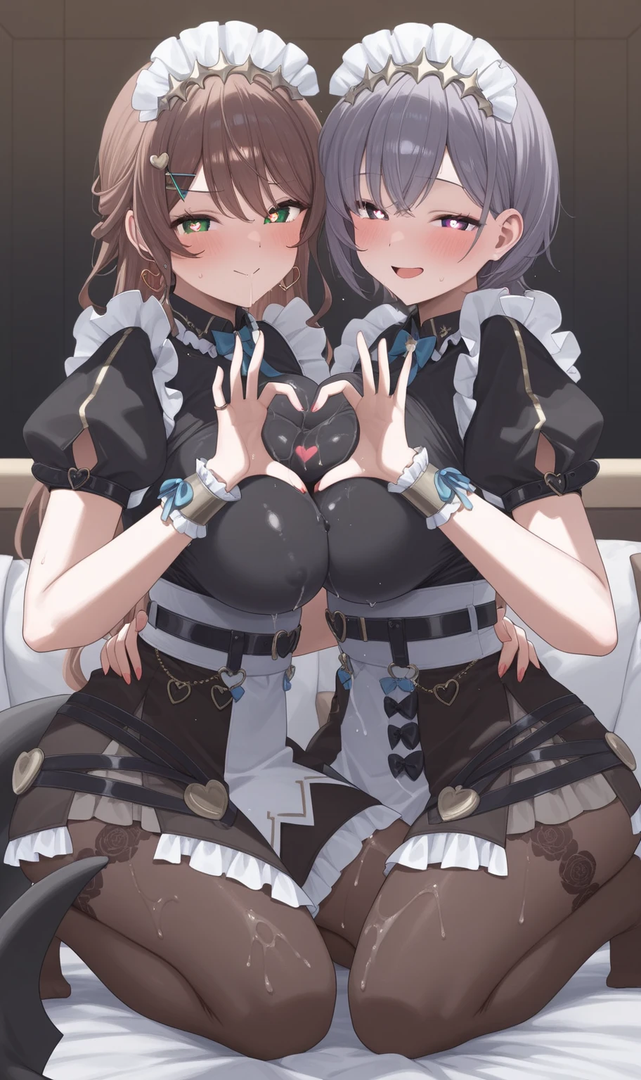 Details、ultra-detailliert、​masterpiece、top-quality、Beautiful fece、A detailed eye、 (3 women:1.4)、Three Succubus、(triplets:1.2)、(natta:1.2)、、(bow ribbon:1.1)、(Two-side-up)neck tie、bra very、耳环、()、Shady face、(pink club hotel room)、malicious smile、Bruises and ugly facial features、Young features、(、long-sleeve、(fluffy sleeves fluffy hair、(Open your mouth and laugh)、、l、Chiquita、Colossal ????、Colossal ????、(Put your hand on your face)、、Ruffled uniforms、hair clips、(Ridicule:1.1)、looking-down、upward looking gaze、respected by women、(upward looking gaze:1.2)、超Colossal ????、(hearts symbol:1.5)、(Mass of heart:1.5)、(Heart Effect:1.5)、(heart mark:1.5)、demon tail、Devil's Tail、Succubus、(超Colossal ????:1.3)、Colossal ????、(Tattoo of the heart:1.3)、Yodare、Devil's Tail、Boob Matching　,Girl Sandwich　face sandwich（confused and blushing、Small Girl）
