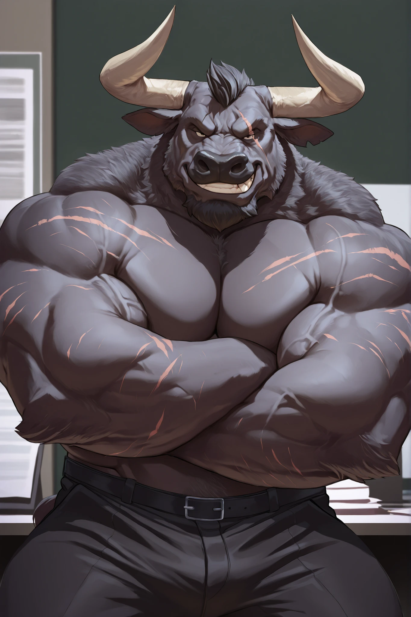 solo, masterpiece:1.3, muscular man, furry black bull, black pants, , office, film looks, firm, serious, strong, pose, grin, looking to viewer, scar on face, highly detailed, 8k, semi realistic, Anatomically Correct, Best Quality, Textured Skin, Ray Tracing, detailed face, detailed eyes