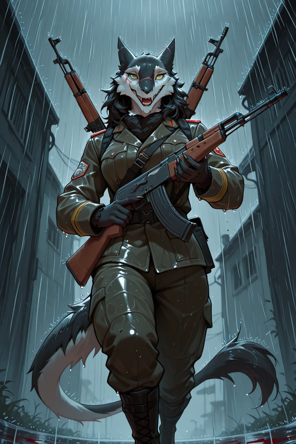 solo, 1girl, snow leopard, white hair, blue eyes, female, buff, muscular, , gold eyes, highly detailed eyes, Amazon, wearing camouflage_uniform, (urban uniform:1.2), military camp, rolled sleeves, shirt, trousers, , standing upright, combat boots, full body, smiling, friendly, looking at viewer, realistic lighting, by darkgem, by meesh, by gideon,