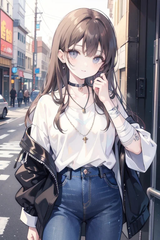 black hair, white shirt, jacket, 1girl, stylish