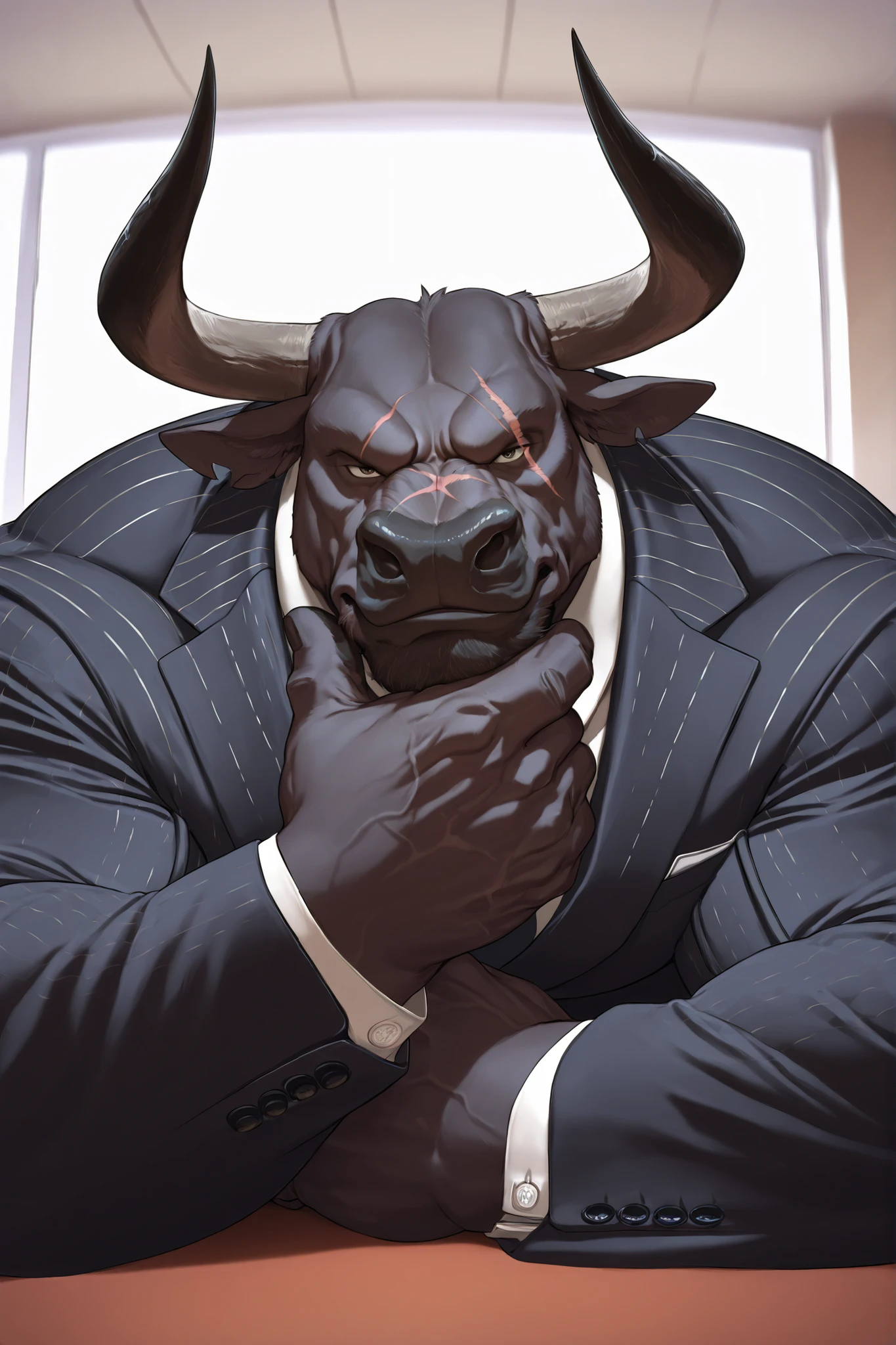 solo, masterpiece:1.3, muscular man, furry black bull, suits, office, film looks, firm, serious, strong, hand on chin, pose, table, looking to viewer, scar on face, highly detailed, 8k, semi realistic, Anatomically Correct, Best Quality, Textured Skin, Ray Tracing, detailed face, detailed eyes