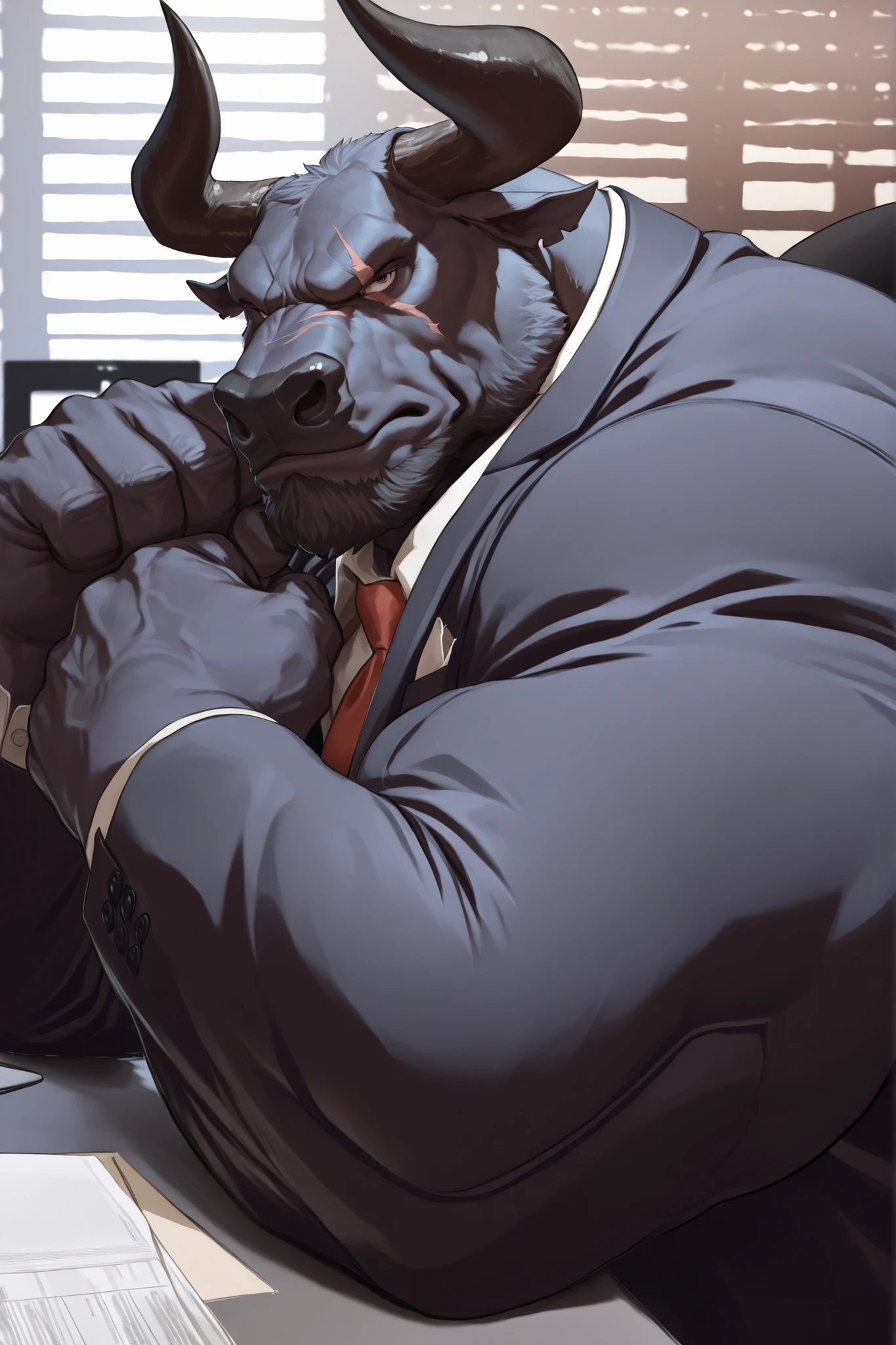 solo, masterpiece:1.3, muscular man, furry black bull, suits, office, film looks, firm, serious, strong, arms focus, pose, looking to viewer, scar on face, highly detailed, 8k, semi realistic, Anatomically Correct, Best Quality, Textured Skin, Ray Tracing, detailed face, detailed eyes