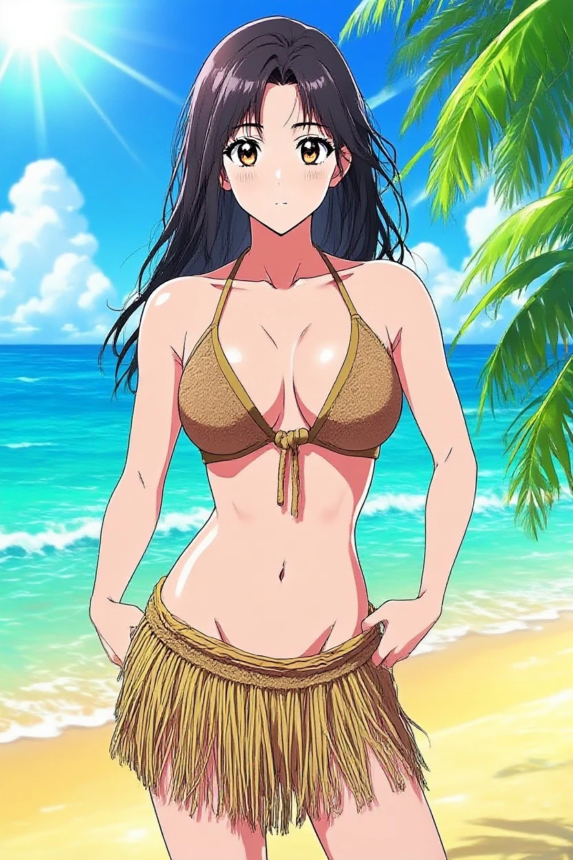 (masterpiece, 4K, Highest quality, anime style: 1.9, Detailed face, Lovely, Ocean,bold, High resolution, anime, Lake 4. alone, Curvaceous, Very slim belly, Cowboy Shot, 1 Girl,,(Leopard print bikini),Embarrassed face,blush.View your viewers,Rin Shibuya