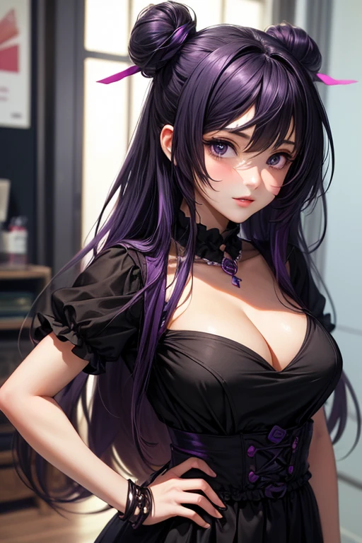 vector image, vibrant colours, smooth gradation, best quality, masterpiece, absurdres, ((isolated)), (dark black background), (detailed face and eyes:1.2), smirking, detailed beautiful eyes, eyelashes, glossy full lips, sensual, volumetric lights, medium shot, ((half body shot)), bursting out breasts, busty, full cleavage, curvaceous, (((11yo))), thin tight satin dress, |BREAK| (((purple tinted lighting))), smokey eyes