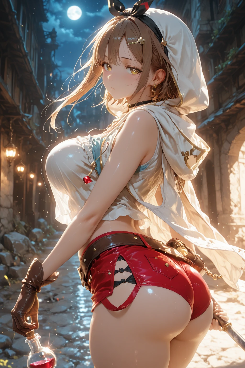 green leaf, flowing sunshine, calm atmosphere, foggy morning, chirping birds, Bright color quality, A high resolution), Detailed tree trunk, peaceful scenery, Peaceful atmosphere, soft shade, immersive experience, attractive beautiful, and natural masterpieces.

A beautiful woman, pair, The wine bottle inside her , Wine bottle with hands under thighs,  full, There's a lot on the bottle