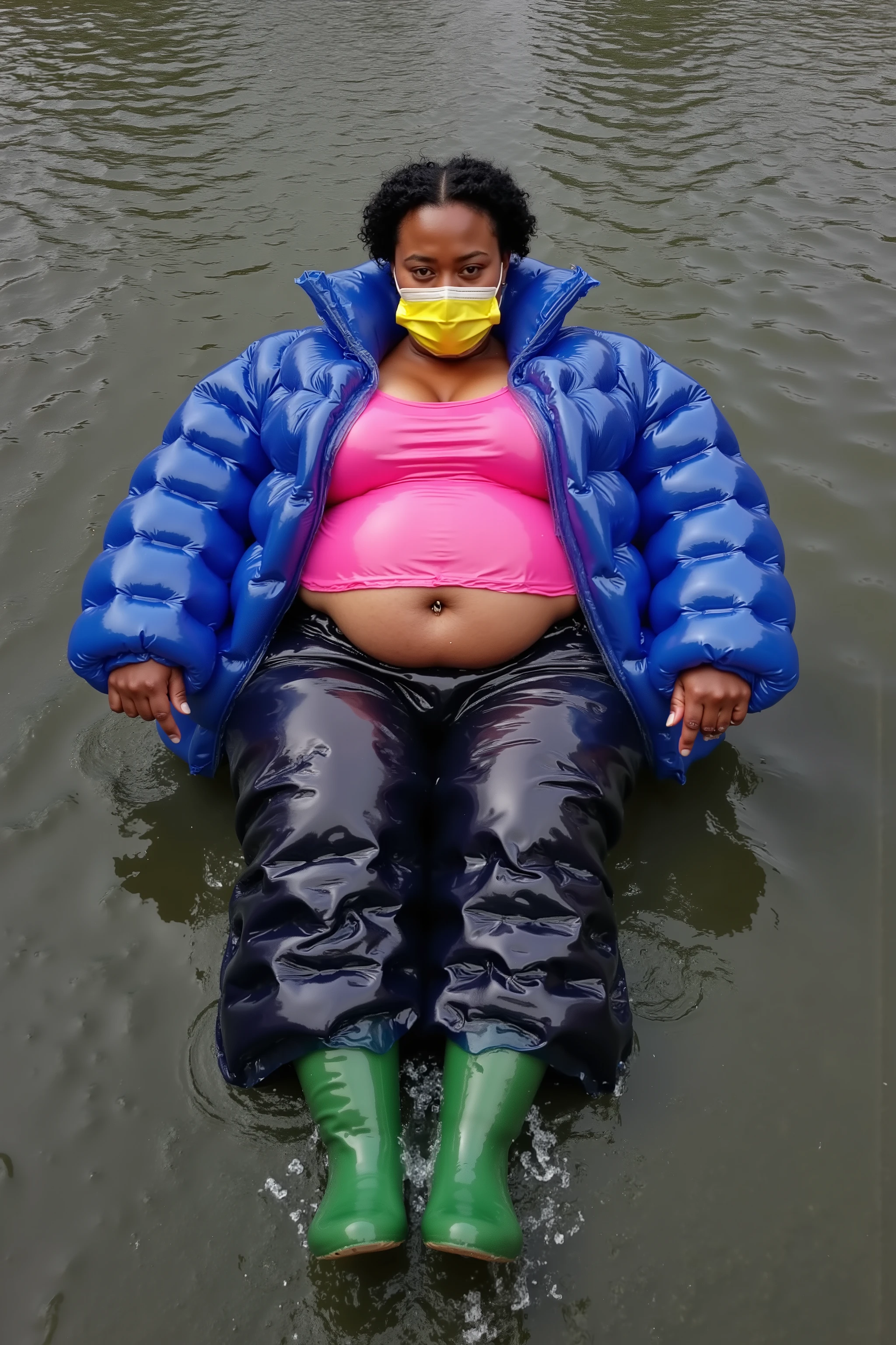 a plus-size woman with large arms a massive belly and large legs, african american, wearing plasticinflcoat a inflated blue and pink vinyl jacket, wearing black inflatable pants, wearing shiny green rubber boots, laying in a river floating on the water, wearing a bright yellow latex surgical face mask