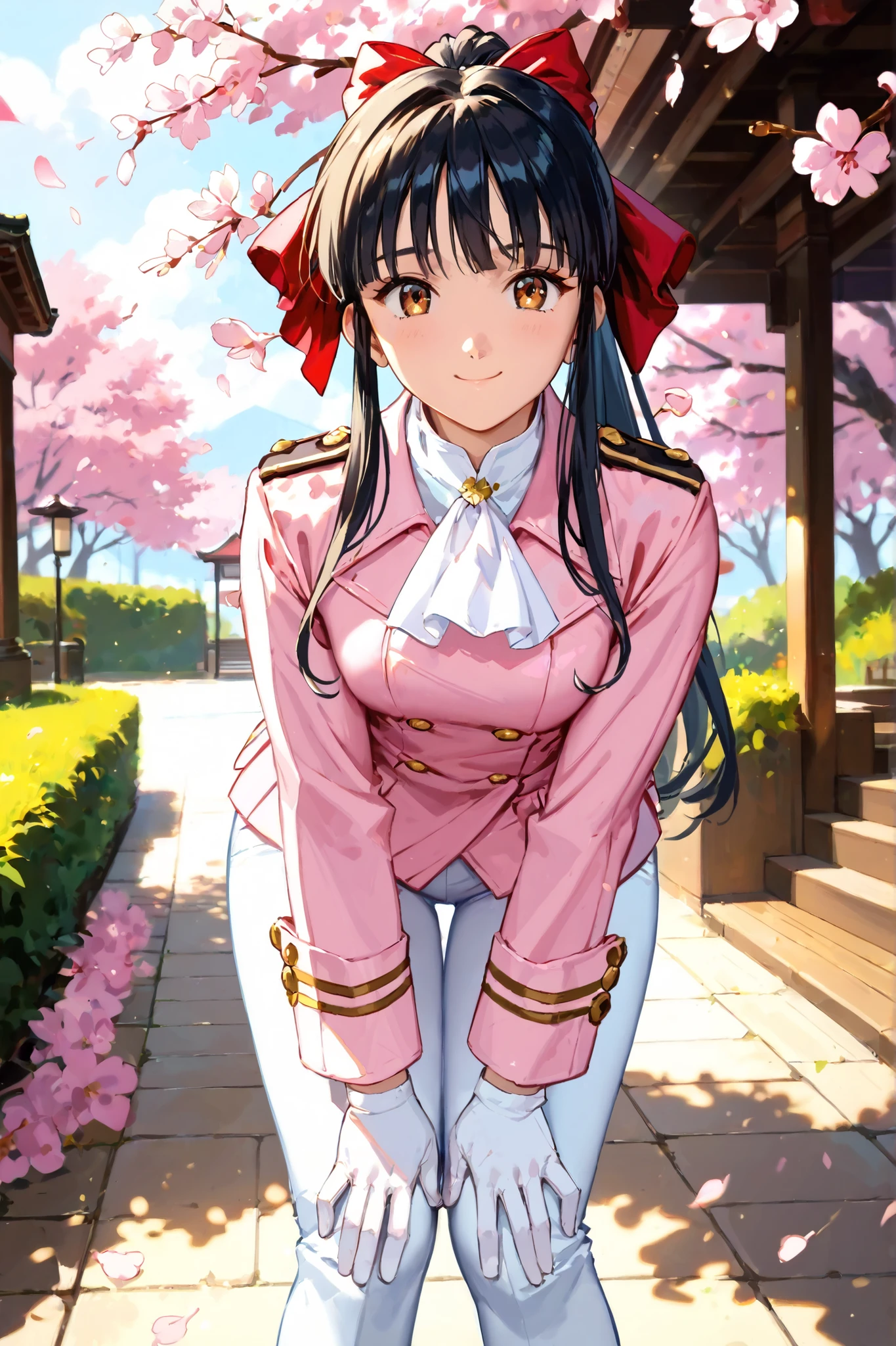 score_9, score_8_up, score_7_up,OFFICIAL ART,uncensored,nsfw,BREAK,
1girl,solo,sakuraSt, black hair, high ponytail, hair ribbon, red ribbon,large hips, BREAK,red bow,
white pants, uniform, military uniform, pink jacket, white gloves, white ascot,BREAK,smile,BREAK,standing,open legs wide,leaning forward,hands on knees,BREAK,cowboy shot,looking viewer,behind view,outdoors, cherry blossoms,outdoor,park