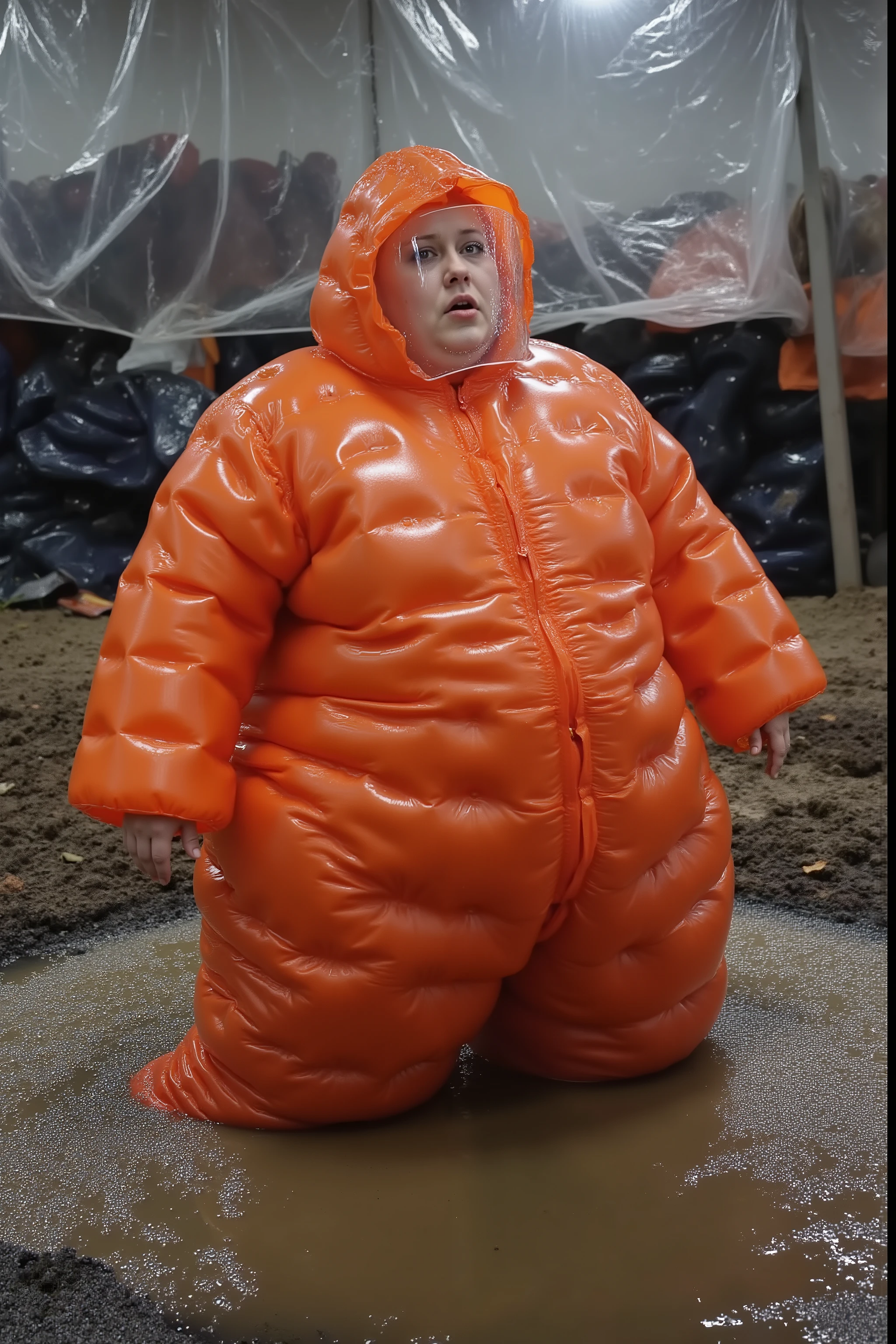 A 400 pound plus-size woman in inflated orange PVC raincoat and matching inflatable trousers, floating in a muddy pond surrounded by industrial rubber debris, wearing transparent vinyl face shield with condensation droplets, dramatic lighting through plastic sheeting