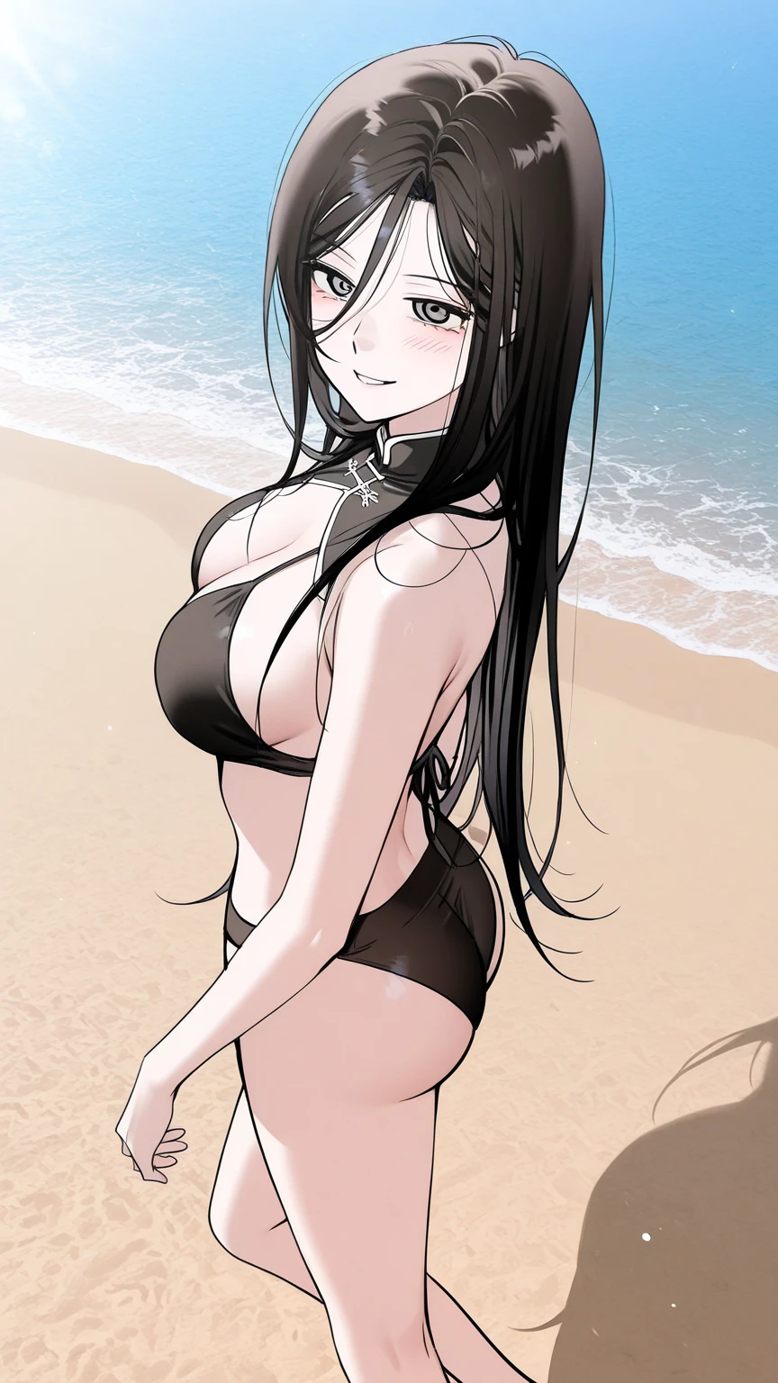 Anime girl standing on beach，Legs crossed,  anime girls, small curvaceous ,, Cute anime girl，Rope Bundle  bondage, with  boy on her front side , they both are doing 69 position without dress 

