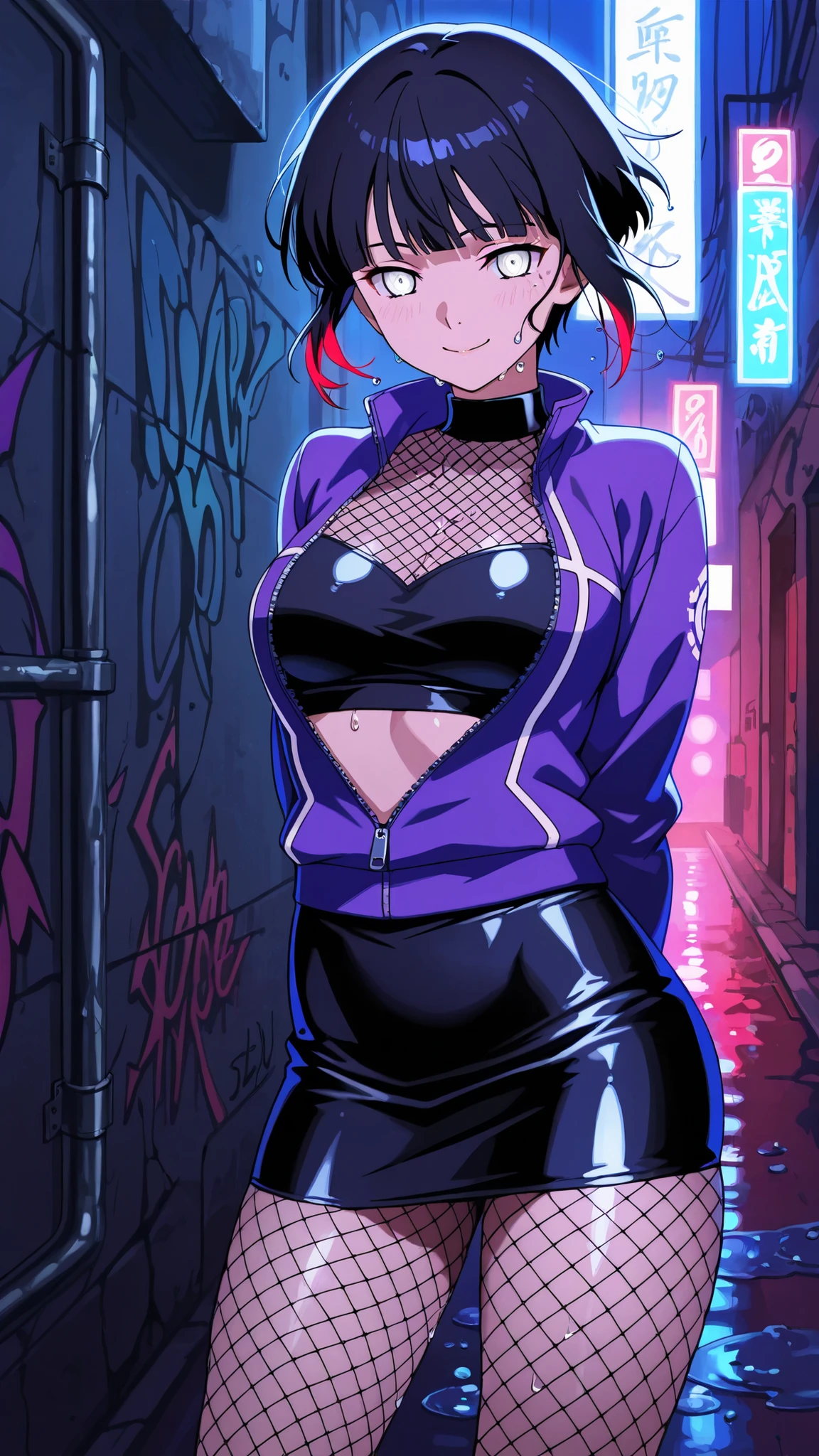 BREAK (masterpiece:1.2), best quality, high resolution, unity 8k wallpaper, (illustration:0.8),highly detailed realistic anime background, narrow urban alley at night, wet reflective asphalt, graffiti-covered concrete wall with colorful neon highlights, glowing reflections in puddles, metallic pipes, soft blue and red light sources, cinematic composition, strong contrast, deep black shadows and bright glowing details, moody atmosphere, AMOLED lighting style, ultra high quality, SDXL realism, no people, hinata hyuga, short hair, white eyes, bangs, blunt bangs, medium breasts,cowboy shot,short glossy purple jacket unzipped halfway,
mesh top underneath, leather mini skirt,
fishnet pantyhose,faint mist on skin reflecting light
,cowboy shot,seductive expression,floating hair,standing with hip slightly tilted, hands behind back, playful flirty smile, smooth legs, gentle curves, elegant yet suggestive mood,4k