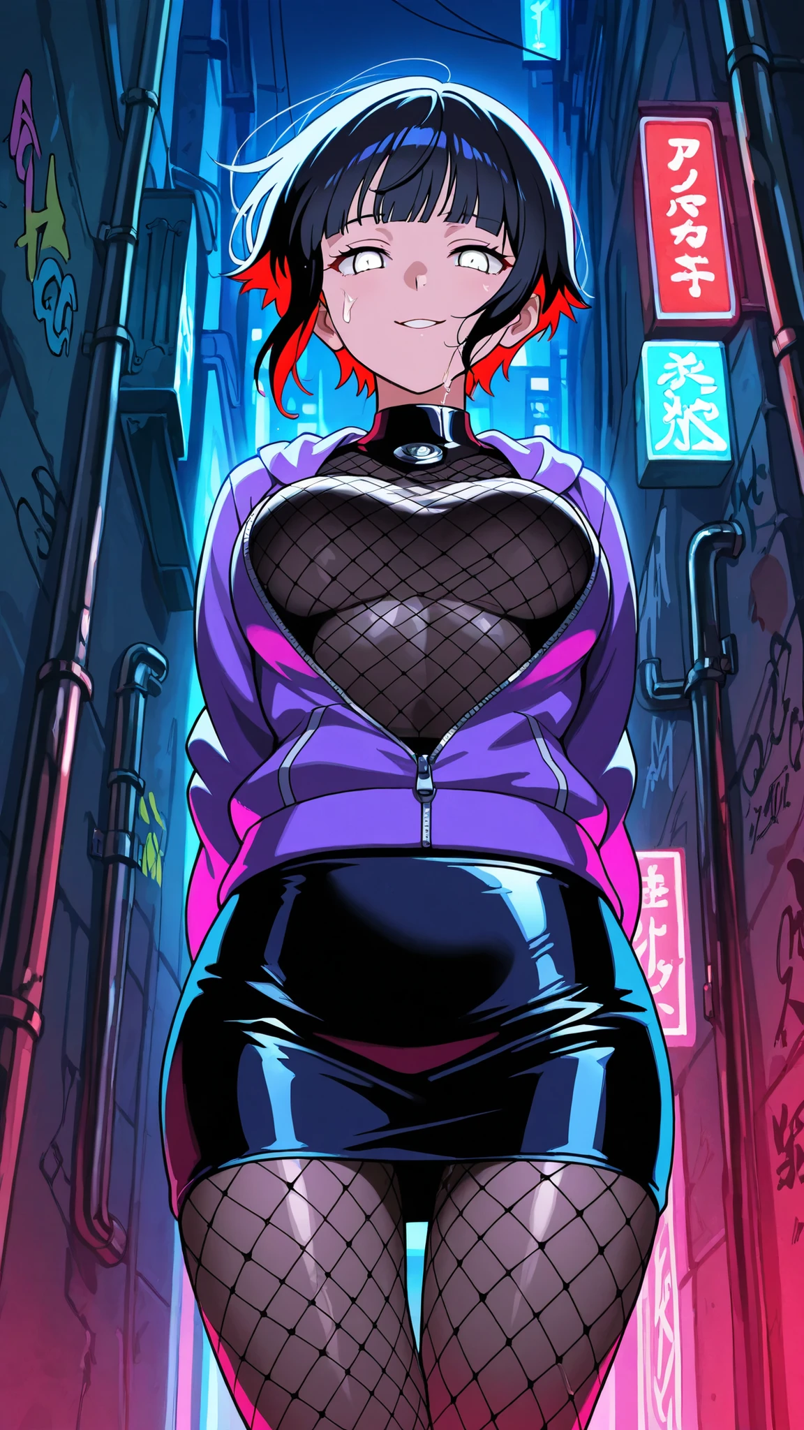 BREAK (masterpiece:1.2), best quality, high resolution, unity 8k wallpaper, (illustration:0.8),highly detailed realistic anime background, narrow urban alley at night, wet reflective asphalt, graffiti-covered concrete wall with colorful neon highlights, glowing reflections in puddles, metallic pipes, soft blue and red light sources, cinematic composition, strong contrast, deep black shadows and bright glowing details, moody atmosphere, AMOLED lighting style, ultra high quality, SDXL realism, no people, hinata hyuga, short hair, white eyes, bangs, blunt bangs, medium breasts,cowboy shot,short glossy purple jacket unzipped halfway,
mesh top underneath, leather mini skirt,
fishnet pantyhose,faint mist on skin reflecting light
,cowboy shot,seductive expression,floating hair,standing with hip slightly tilted, hands behind back, playful flirty smile, smooth legs, gentle curves, elegant yet suggestive mood,4k