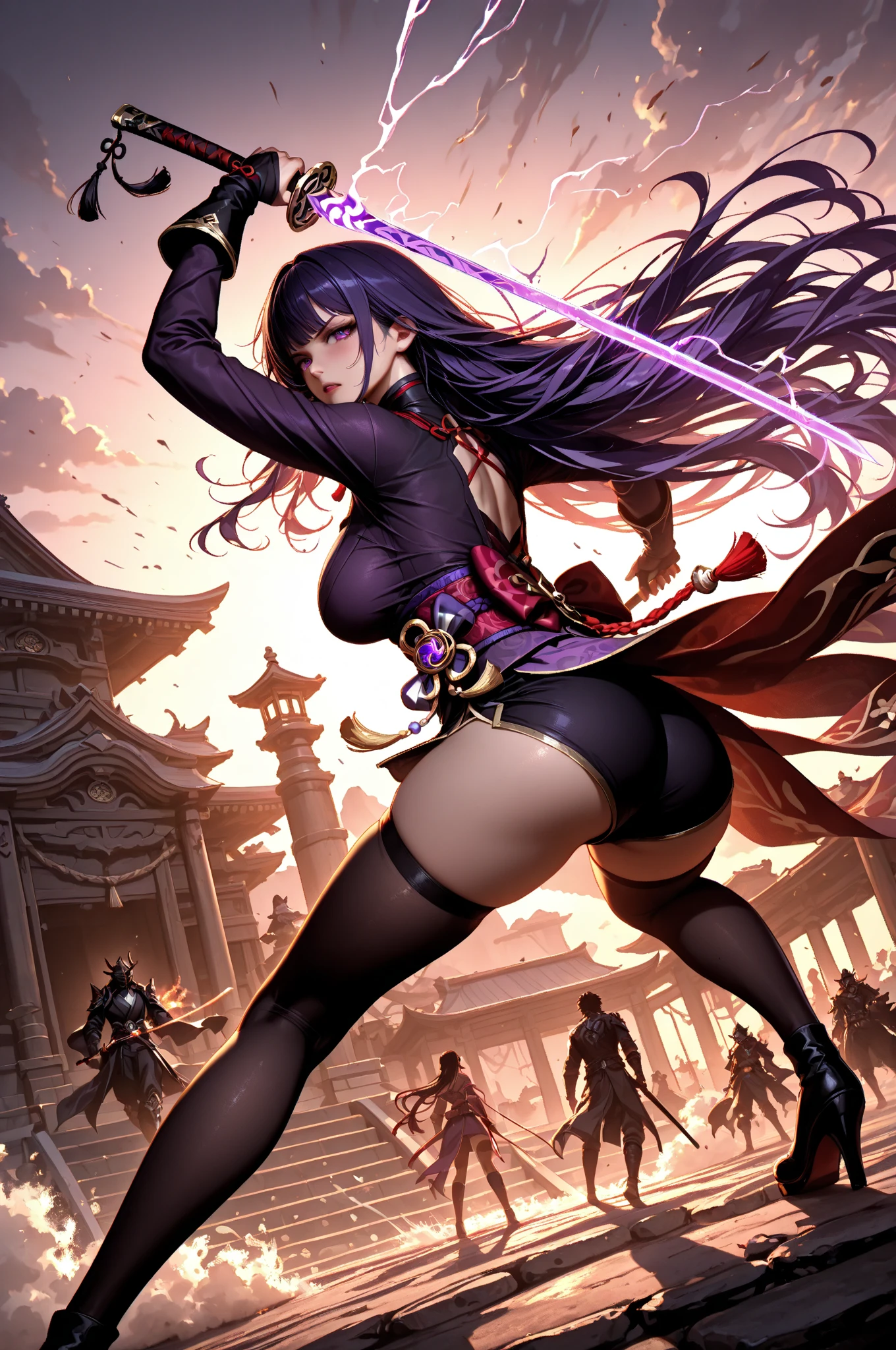 Full body shot from head to feet, two adult female character from Dead or Alive. A thrilling and intense masterpiece depicting a deadly duel between Kasumi and Ayane, both expert swordswomen, with the fight reaching a climactic moment of truth. The dynamic action capture the moment as Ayane takes a lethal blow and succumbs to her injuries, leaving Kasumi as the sole victor in this high-stakes battle. Kasumi have loose brown long hair. Ayane have loose deep purple long hair. Kasumi wear sleeveless kimono, obi tied on the back hip, black long gloves, short skirt, and black thigh highs. Ayane wear sleeveless kimono, obi tied on the back hip, black long gloves, short skirt, and black thigh highs. Backgroud set on lush forest, with no effect.