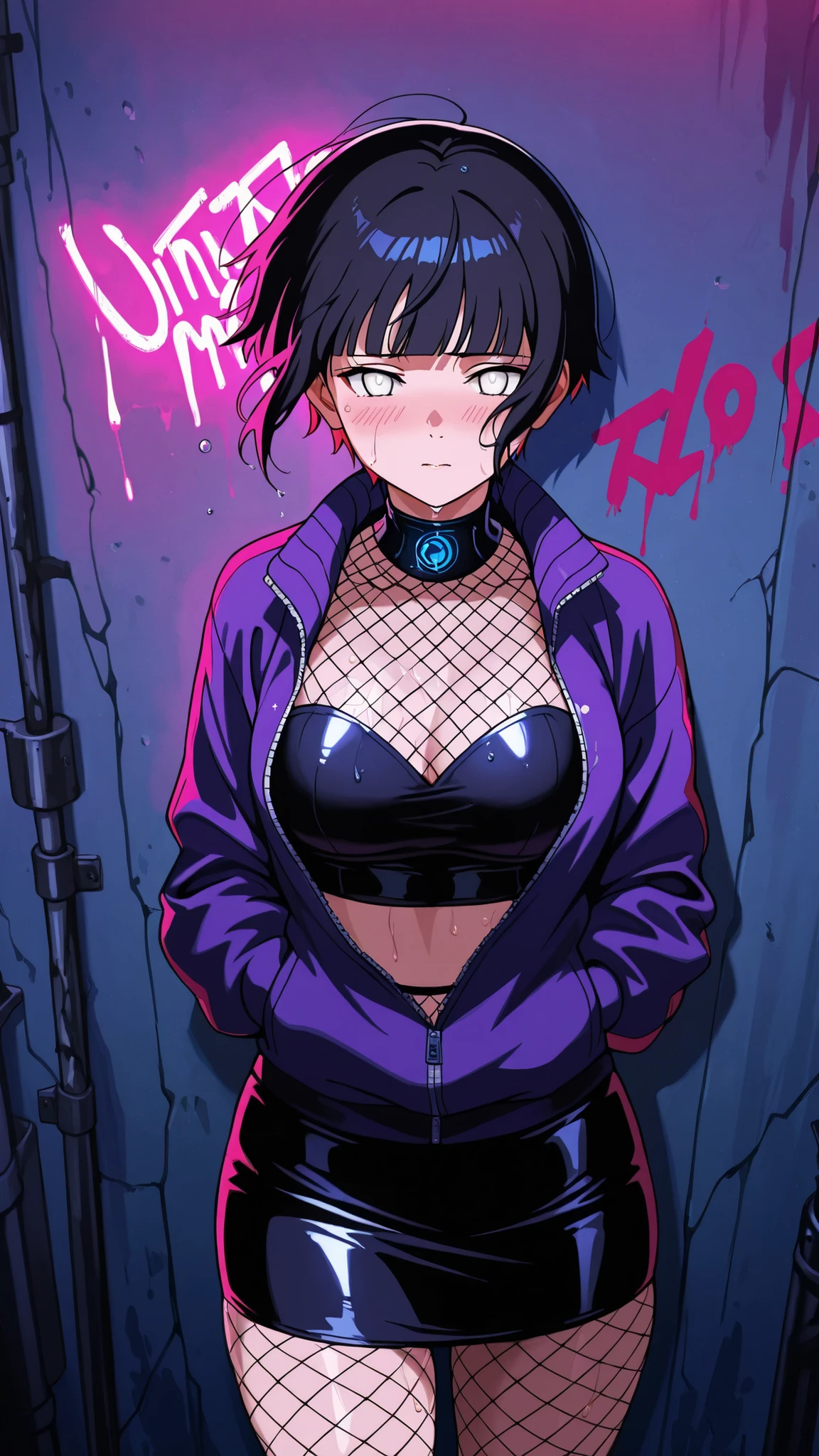 BREAK (masterpiece:1.2), best quality, high resolution, unity 8k wallpaper, (illustration:0.8),highly detailed realistic anime background, narrow urban alley at night, wet reflective asphalt, graffiti-covered concrete wall with colorful neon highlights, glowing reflections in puddles, metallic pipes, soft blue and red light sources, cinematic composition, strong contrast, deep black shadows and bright glowing details, moody atmosphere, AMOLED lighting style, ultra high quality, SDXL realism, no people, hinata hyuga, short hair, white eyes, bangs, blunt bangs, medium breasts,cowboy shot,short glossy purple jacket unzipped halfway,
mesh top underneath, leather mini skirt,
fishnet pantyhose,faint mist on skin reflecting light
,cowboy shot,seductive expression,floating hair,shy face,blush,standing near wall,leaning on wall