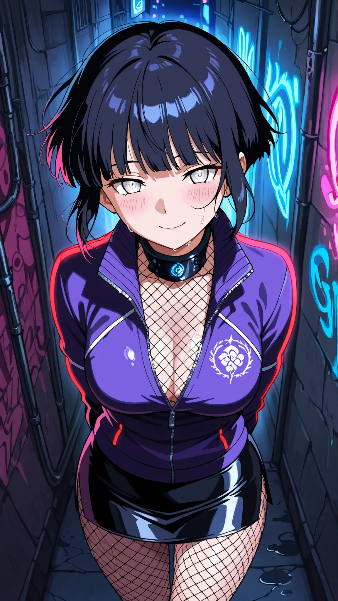 score_9, score_8_up, score_7_up,source_anime,
1male, long black hair, hime cut, perky breasts, cleavage, pretty face, long legs, purple eyes, light freckles, sweaty skin oversized hoodie, cloth black skirt, striped thigh-high socks, gothic boots, lustful, smug, looking at viewer, heavy blushing, tight pussy, cowgirl position, penetration, femdom, leaning forward, leash, viewer wearing a leash held by girl, full continuous single leash from viewer to girl's hand, detailed background, inside, futuristic, neon lights,