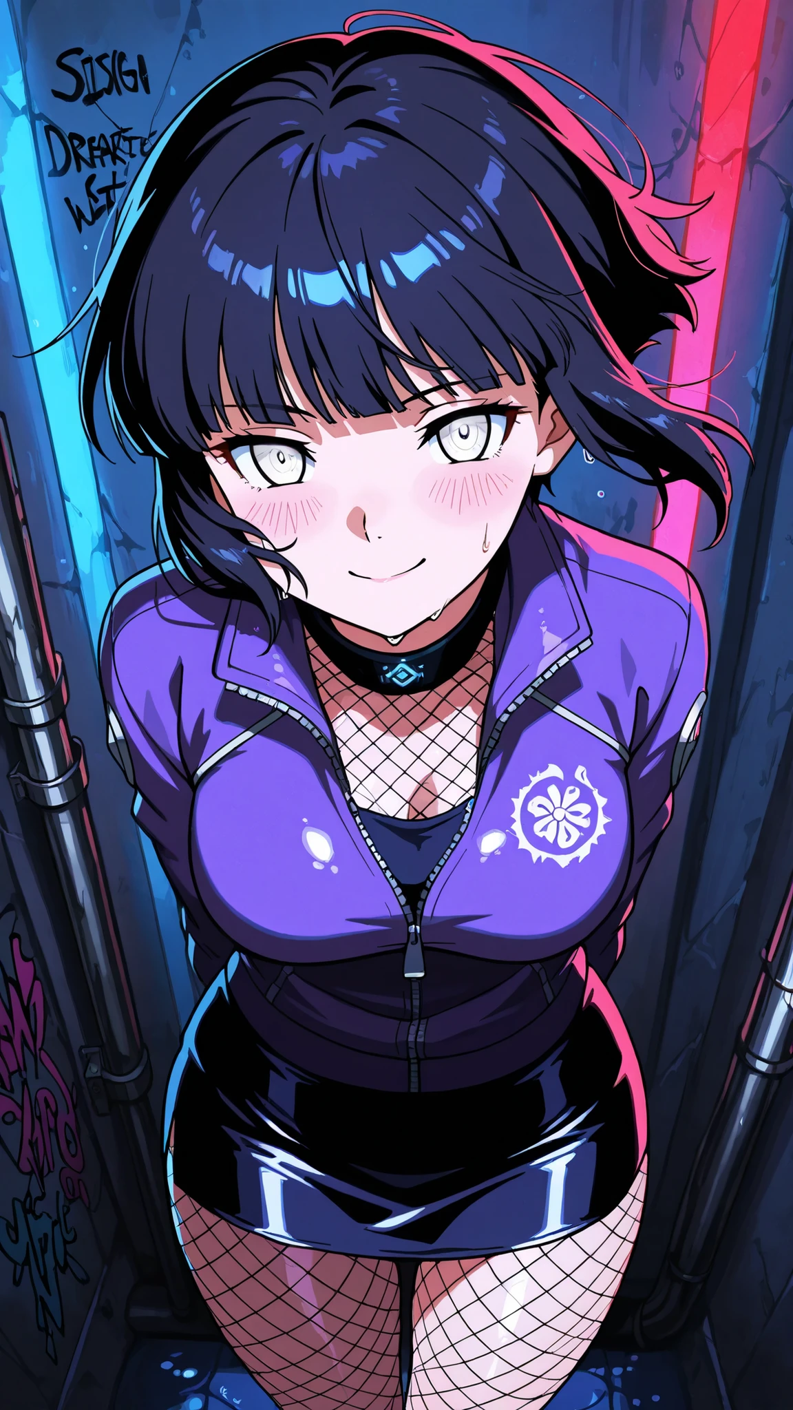 BREAK (masterpiece:1.2), best quality, high resolution, unity 8k wallpaper, (illustration:0.8),highly detailed realistic anime background, narrow urban alley at night, wet reflective asphalt, graffiti-covered concrete wall with colorful neon highlights, glowing reflections in puddles, metallic pipes, soft blue and red light sources, cinematic composition, strong contrast, deep black shadows and bright glowing details, moody atmosphere, AMOLED lighting style, ultra high quality, SDXL realism, no people, hinata hyuga, short hair, white eyes, bangs, blunt bangs, medium breasts,cowboy shot,short glossy purple jacket unzipped halfway,
mesh top underneath, leather mini skirt,
fishnet pantyhose,faint mist on skin reflecting light
,cowboy shot,seductive expression,floating hair,standing with hip slightly tilted, hands behind back, playful flirty smile, smooth legs, gentle curves, elegant yet suggestive mood,4k,from above,blush,