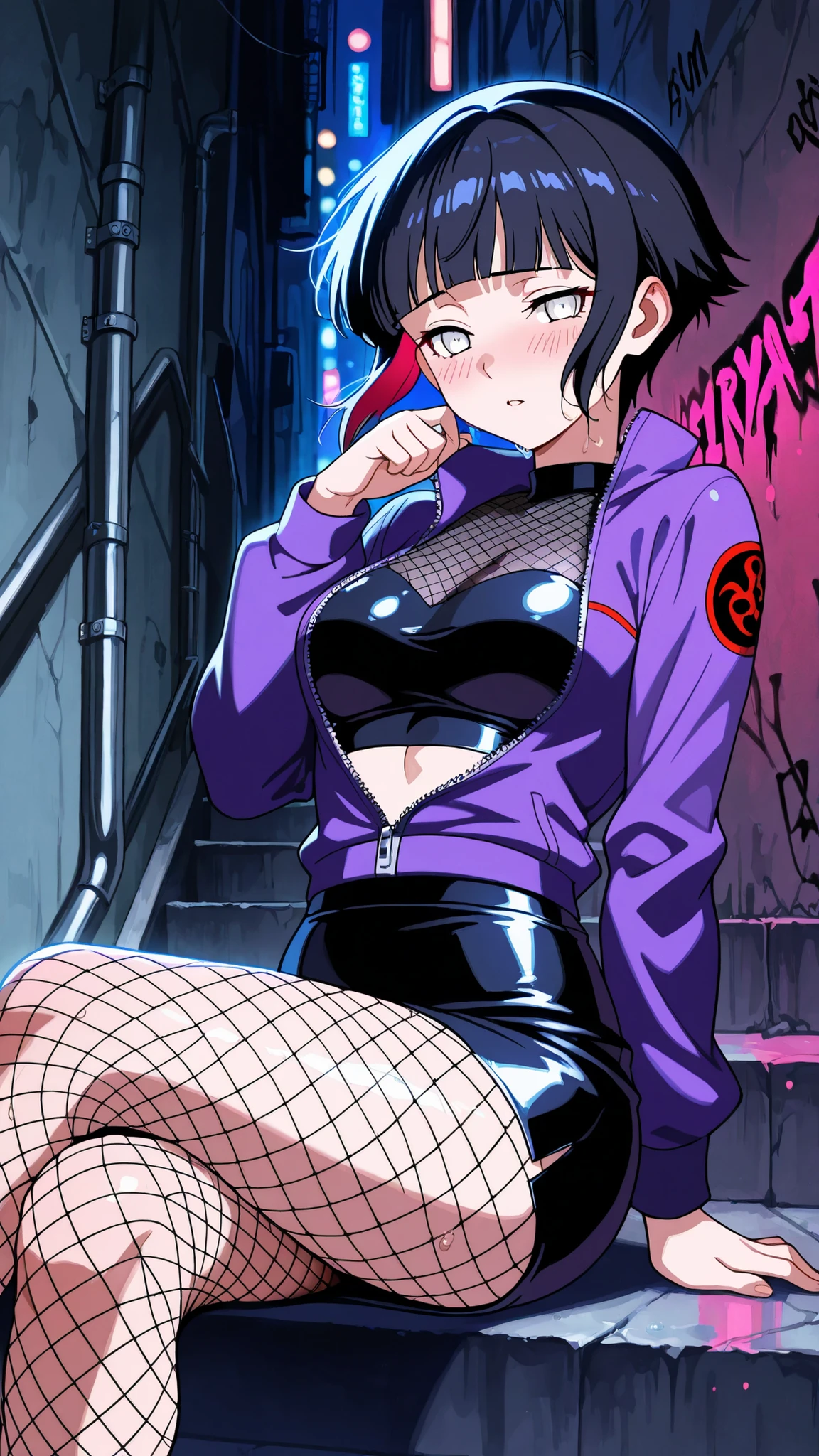 BREAK (masterpiece:1.2), best quality, high resolution, unity 8k wallpaper, (illustration:0.8),highly detailed realistic anime background, narrow urban alley at night, wet reflective asphalt, graffiti-covered concrete wall with colorful neon highlights, glowing reflections in puddles, metallic pipes, soft blue and red light sources, cinematic composition, strong contrast, deep black shadows and bright glowing details, moody atmosphere, AMOLED lighting style, ultra high quality, SDXL realism, no people, hinata hyuga, short hair, white eyes, bangs, blunt bangs, medium breasts,cowboy shot,short glossy purple jacket unzipped halfway,
mesh top underneath, leather mini skirt,
fishnet pantyhose,faint mist on skin reflecting light
,cowboy shot,seductive expression,floating hair,shy face,blush,sitting gracefully, seductive pose, crossed legs, slightly arched back, soft gaze, detailed curves, high detail, 4k illustration,sitting on stairs,side shot