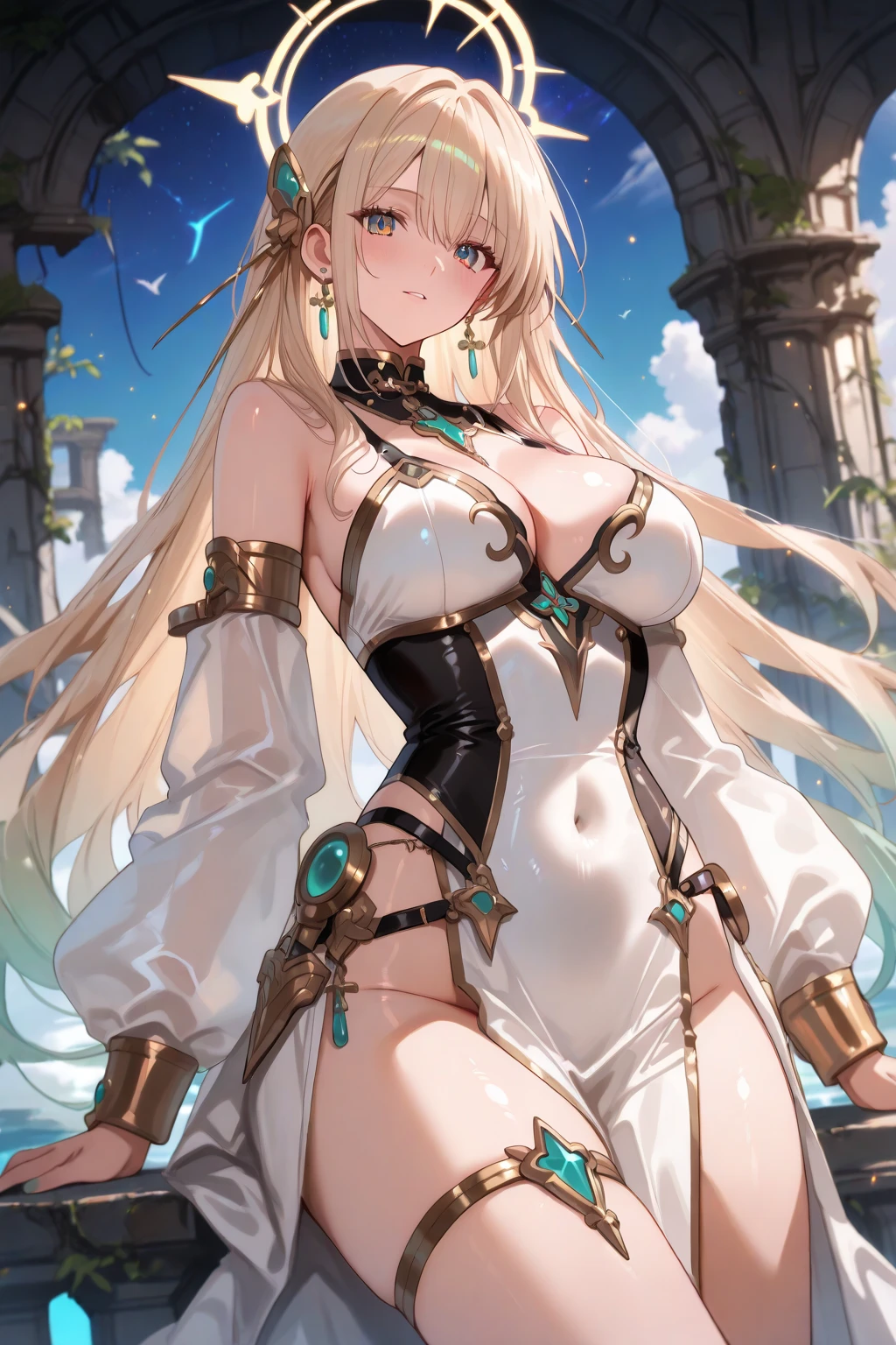 1female，35yo，A MILF，plumw，extremely large ?????， 独奏，（Background with：A desert，lotus flower，pools of water） She has long blonde hair，Long flowing hair，Stand on the plane，，seen from the front， hair straight， mostly cloudy sky，（（（tmasterpiece），（Very detailed CG unity 8K wallpaper），best qualtiy，cinmatic lighting，detailed back ground，beatiful detailed eyes，Bright pupils，Blue eyes，（Very fine and beautiful），（Beautiful and detailed eye description），ultra - detailed，tmasterpiece，））Redlip，facing at camera，A high resolution，ultra - detailed），revealing ???????，???? ?????????，  Bulge，legs are open，Raised ????，Camel toes，Flushed complexion，Desire for dissatisfaction，frontage，elementary student，Gold Saint Seiya（Wearing：校服，sailor uniformm，White transparent pantyhose，???? ???????）Nordic style