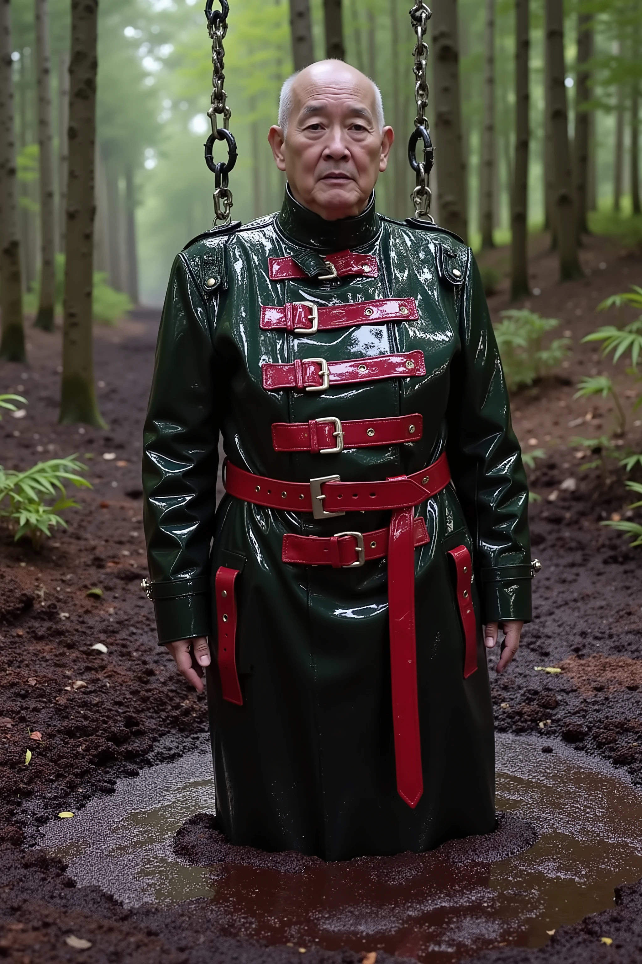 a 82 year old fat asian man weighing 200 pounds, wearing a black and green GothTrench with red belts and heavy metal D rings on the shoulders, partially submerged in thick sticky black and brown quicksand in a steamy forest, a crane has chains attached to the D rings on the shoulders of the jacket, the man is being lowered into the quicksand
