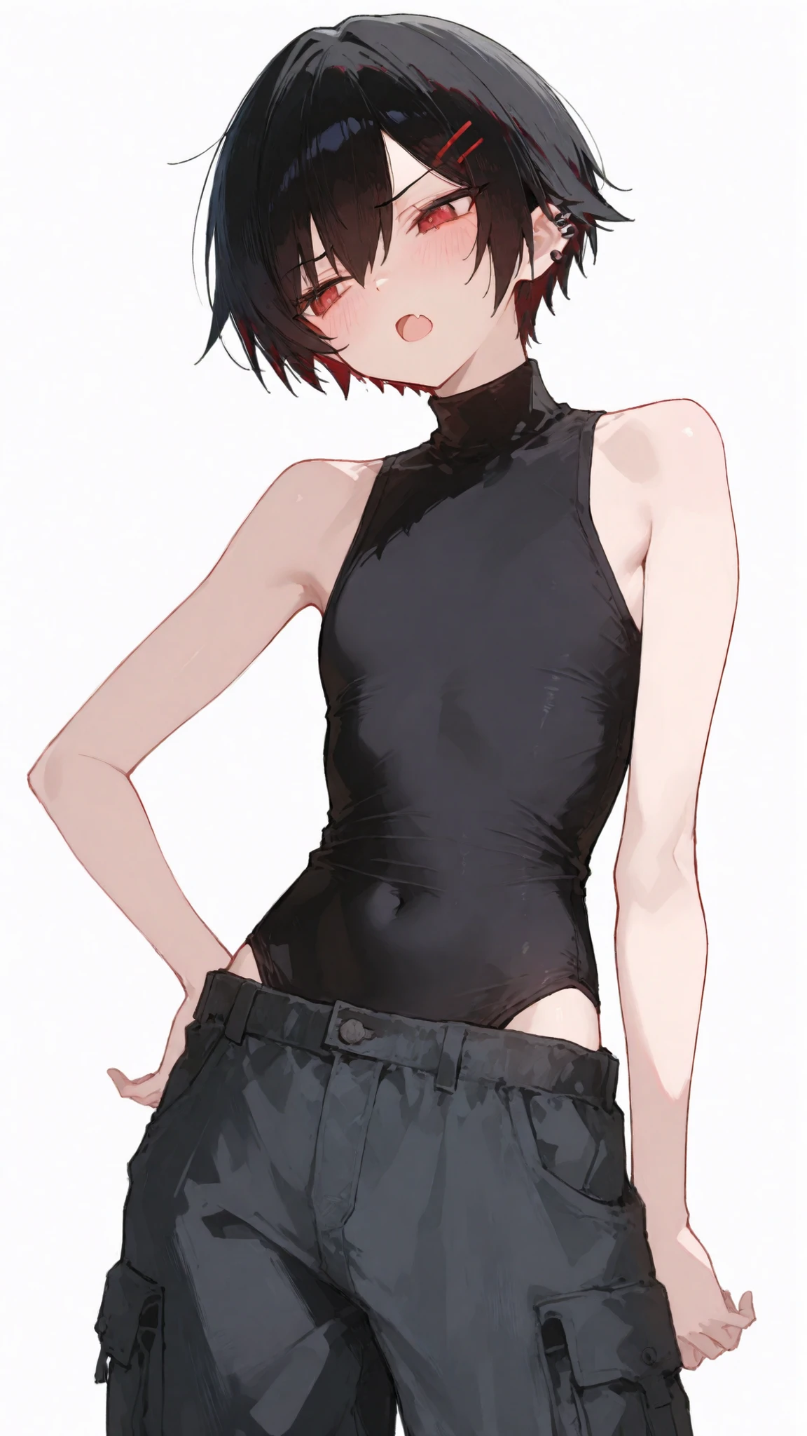 girl,Black hair,Red Eyes,short hair, Tomboy, Two-piece turtleneck in black,hairpin,standing,white background,Cargo Pants,cute,flat chest,thinเพรียว,Sleeveless Shirt, Tsundere fang, Open mouth, tomboyish,, nice body,thin, High-Rise Pants ,Ear piercing,
