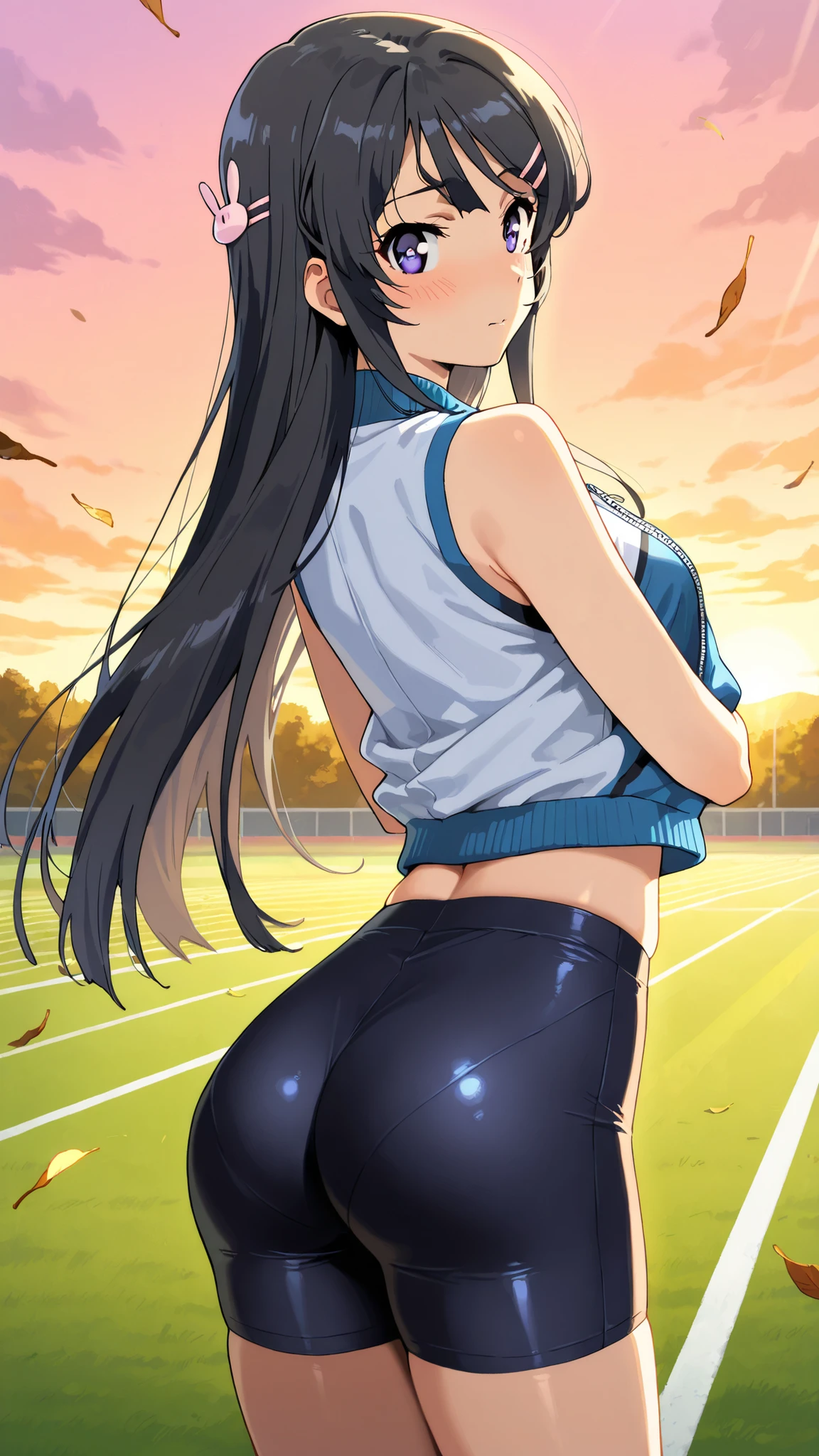 BREAK (masterpiece:1.2), best quality, high resolution,8k wallpaper, (illustration:0.8), (beautiful detailed eyes:1.6),School sports field at sunset, orange and pink sky reflecting in shallow puddles, fallen leaves scattered across lanes, warm nostalgic light casting long shadows, gentle breeze, peaceful after-school silence, no people,mai sakurajima, long hair, bangs, black hair, hair ornament, purple eyes, hairclip, rabbit hair ornament,sleeveless crop top, spandex shorts hugging hips,
half-unzipped jacket,hair tousled by breeze, soft warm blush from sunlight,cowboy shot,looking at viewer,blush,smooth legs, gentle curves, elegant yet suggestive mood,4k,arched back,shy face,from behind,back shot