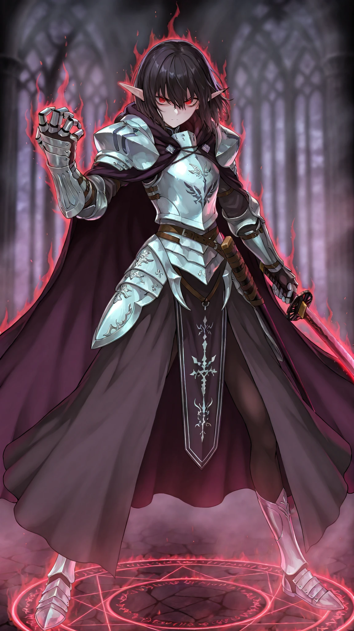 (dark aura / shadow aura:1.1),(magic_circle:1.1),(negative_v2 Color_Balance_Calibration:0.8),1 girl, elf, slender body, short hair, black hair, red eyes, intense gaze. Detailed light knight's armor, dark long capes with a hood. Here's a katana and a tanto. Strike a fighting pose