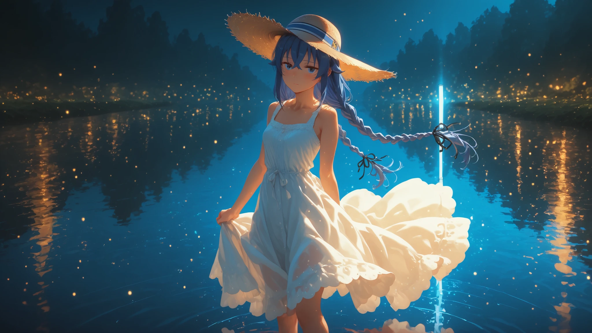 (masterpiece,Super detailed,Highest quality:1.5)(No correction,Mosaic Censorship,Real Stick,figure,Perfect composition,Beautiful Skin,photographical skin,Shiny skin,Shiny Hair, Beautiful face in every detail,photographical hair,Detailed Background,Shaven:1.2),(Petite Girls:2) (Twin tails,Long Hair:1.4),Straight hair, ( Liquid clothing,standing on water:1.4),water,Blue clothes ,rain,null