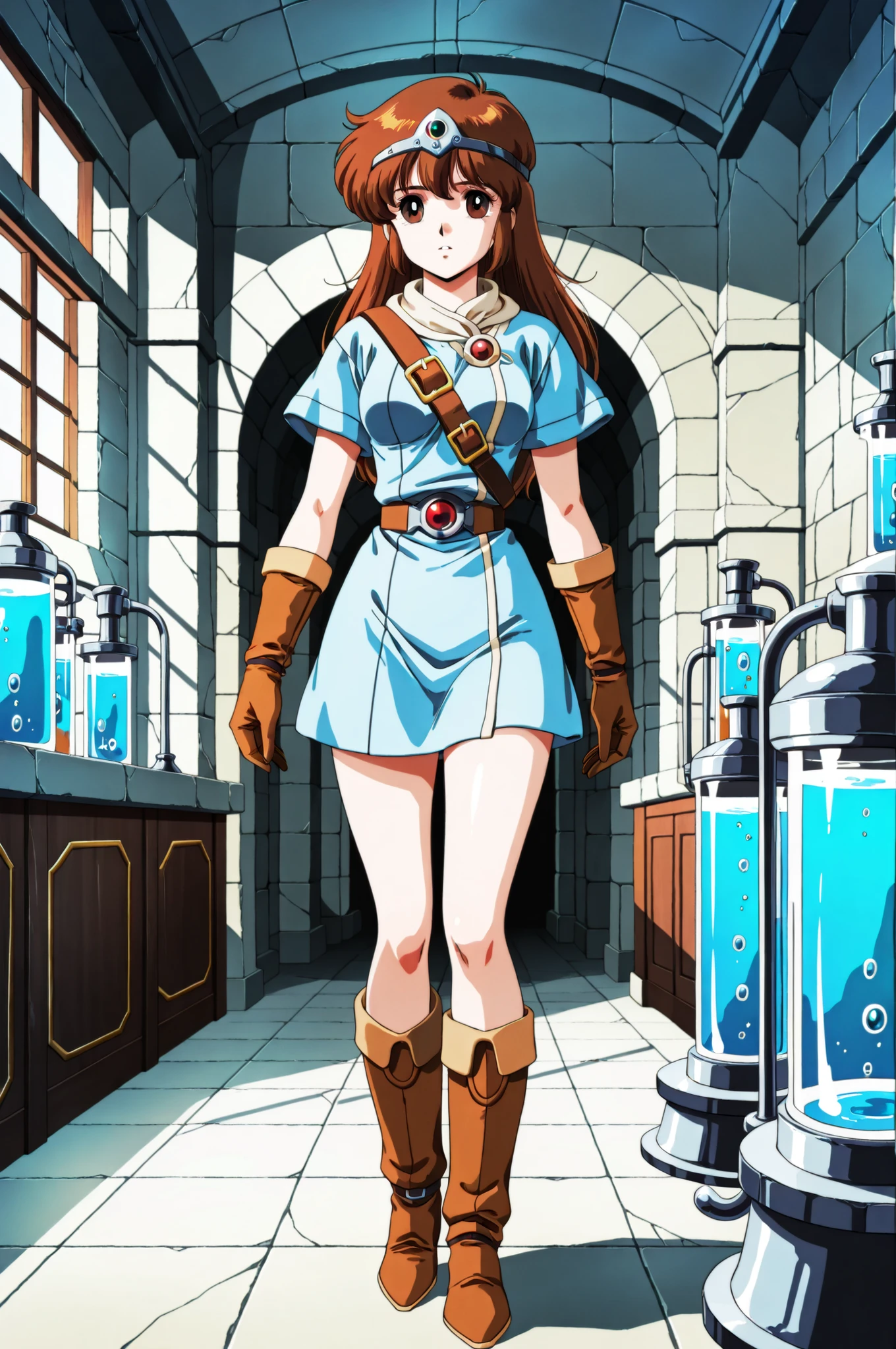 1girl, Ki from Tower of Druaga, long brown hair, brown eyes, wearing a short pale blue tunic, tan brown glove, belt, very brown hide boots, silver circlet, performing alchemy handling magical devices, in a fantasy laboratory, indoors, alone, in full view in a highly detailed 1980s anime style
