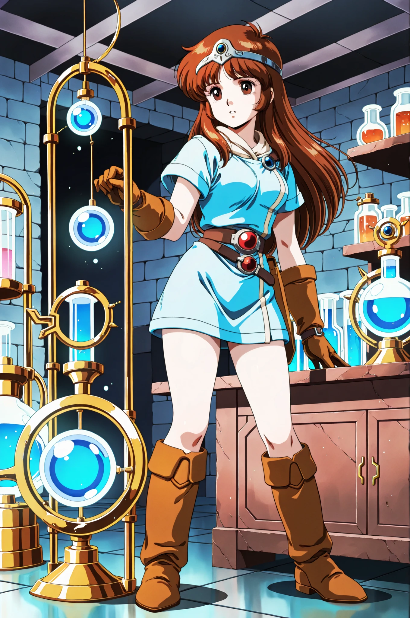 1girl, Ki from Tower of Druaga, long brown hair, brown eyes, wearing a short pale blue tunic, tan brown glove, belt, very brown hide boots, silver circlet, performing alchemy handling magical devices, in a fantasy laboratory, indoors, alone, in full view in a highly detailed 1980s anime style
