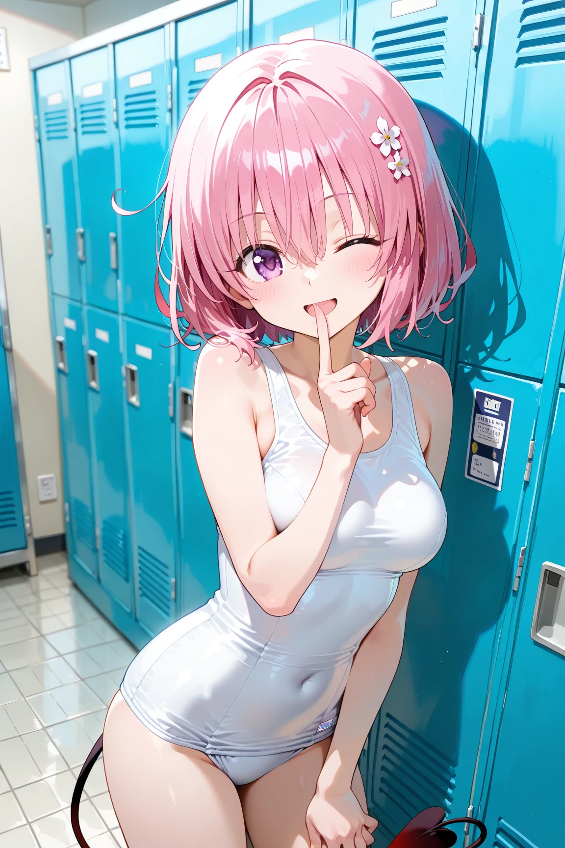 momomodel Building Uke, Deviluke type, demon tail, hair flower, hair ornaments, (purple eyes:1.1), pink hair, short hair, tail, smile,happy smile, smile, open your mouth,
break demon tail, green , school swimwear,wet hair,wet skin,barefoot,noon,sunny,
break ourdoors, School　pool,
break looking at viewer, (cowboy shot:1.5),
break (masterpiece:1.2), highest quality, High resolution, unity 8k wallpaper, (shape:0.8), (beautiful detailed eyes:1.6), extremely detailed face, perfect lighting, extremely detailed CG, (perfect hands, perfect ),