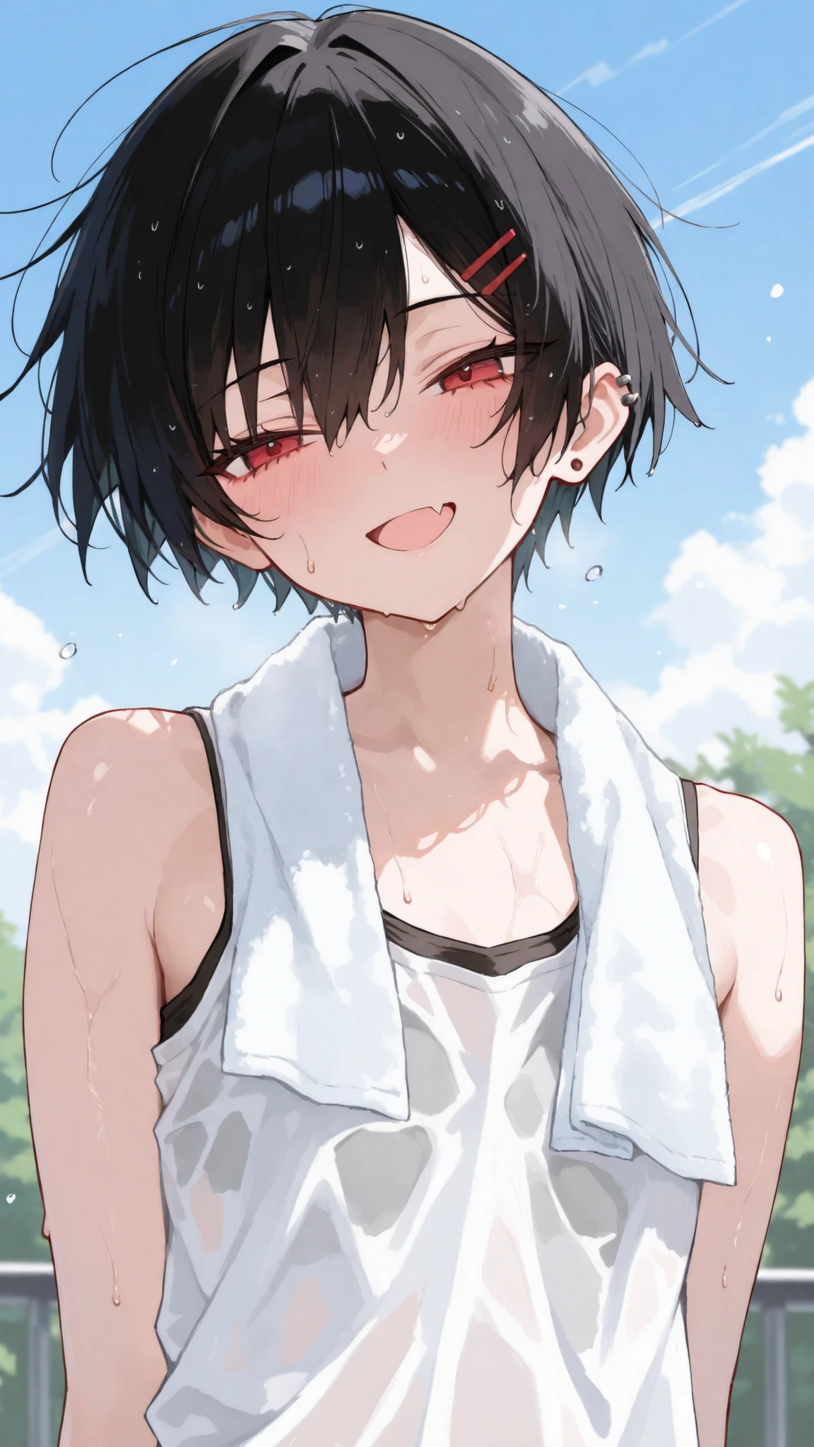 girl,Black hair,Red Eyes,short hair, Tomboy, ,hairpin,,flat chest,thinเพรียว,tank top,Tsundere fang, tomboyish,, nice body,thin,Ear piercing, open mouth,wind,Sweat Towel Around Neck,สายwind,smile, close eyes,windเข้าปาก