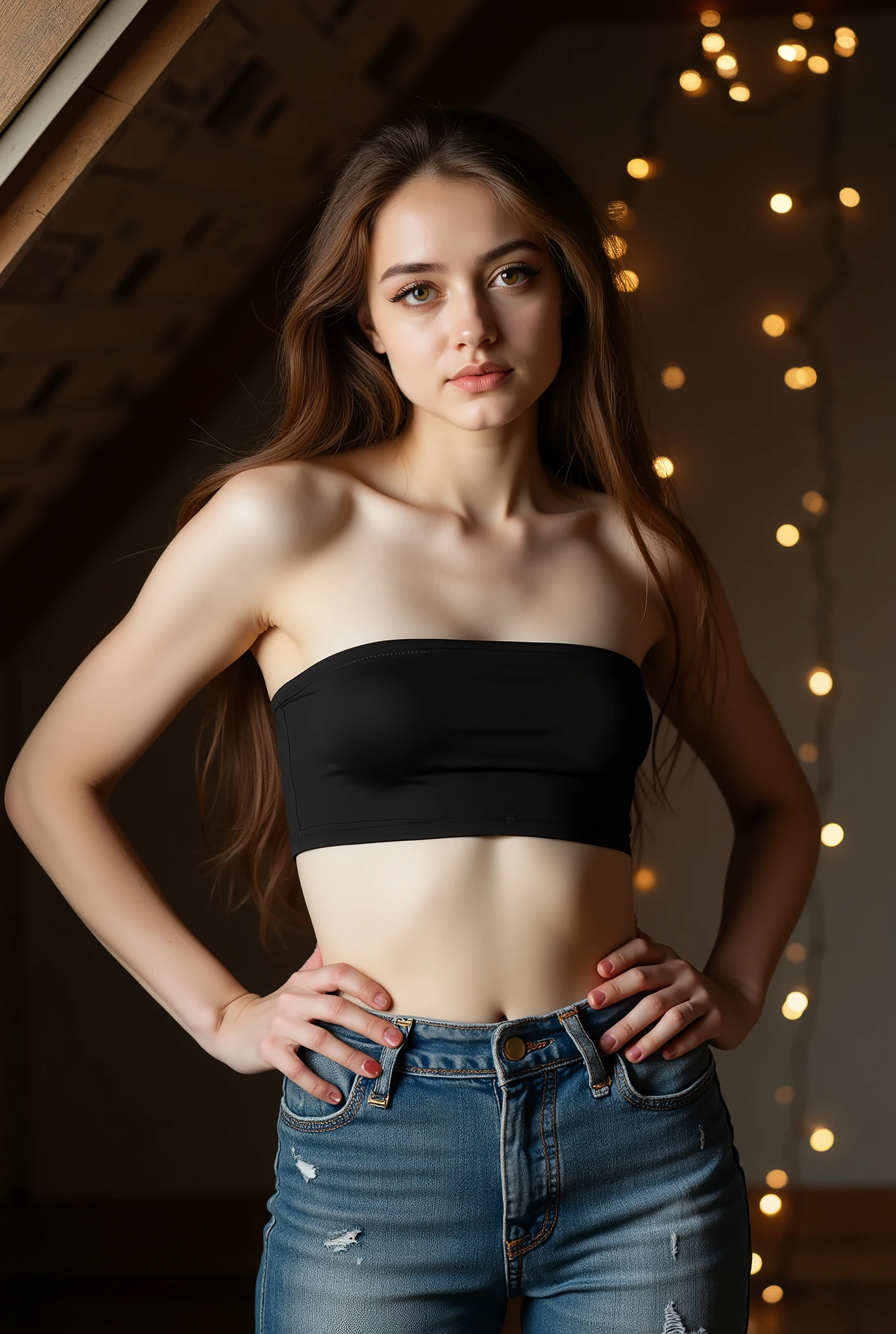 seductive full body portrait of a girl, young, youthful, healthy stout figure, low camera angle, standing in moody attic bedroom with slanted ceiling, wearing a black bandeau top and tight high waisted steel blue jeans, heavy thick denim with larger abraded areas and horizontal lines of distress, hands on hips, looking directly at viewer with commanding expression, expressive eyes enhanced with perfect winged eyeliner and complementary eyeshadow, glossy highlighted cheekbones, natural sunlight streaming through dormer windows creating dramatic light and shadow play across her features, fairy lights creating dreamy golden bokeh in background, confident pose against weathered wooden beams, shot with professional camera at shallow depth of field, 85mm portrait lens capturing hyperrealistic skin texture and fabric details