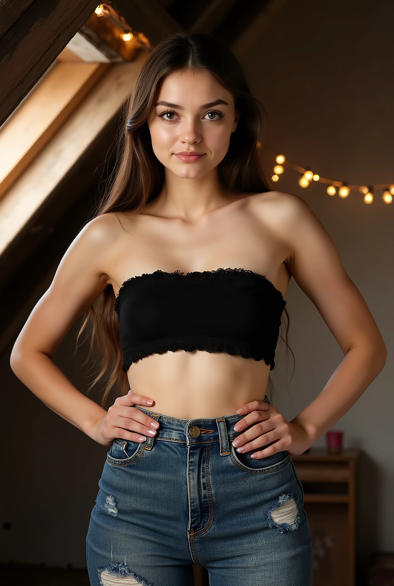 seductive full body portrait of a girl, young, youthful, healthy stout figure, low camera angle, standing in moody attic bedroom with slanted ceiling, wearing a black bandeau top and tight high waisted steel blue jeans, heavy thick denim with larger abraded areas and horizontal lines of distress, hands on hips, looking directly at viewer with commanding expression, expressive eyes enhanced with perfect winged eyeliner and complementary eyeshadow, glossy highlighted cheekbones, natural sunlight streaming through dormer windows creating dramatic light and shadow play across her features, fairy lights creating dreamy golden bokeh in background, confident pose against weathered wooden beams, shot with professional camera at shallow depth of field, 85mm portrait lens capturing hyperrealistic skin texture and fabric details
